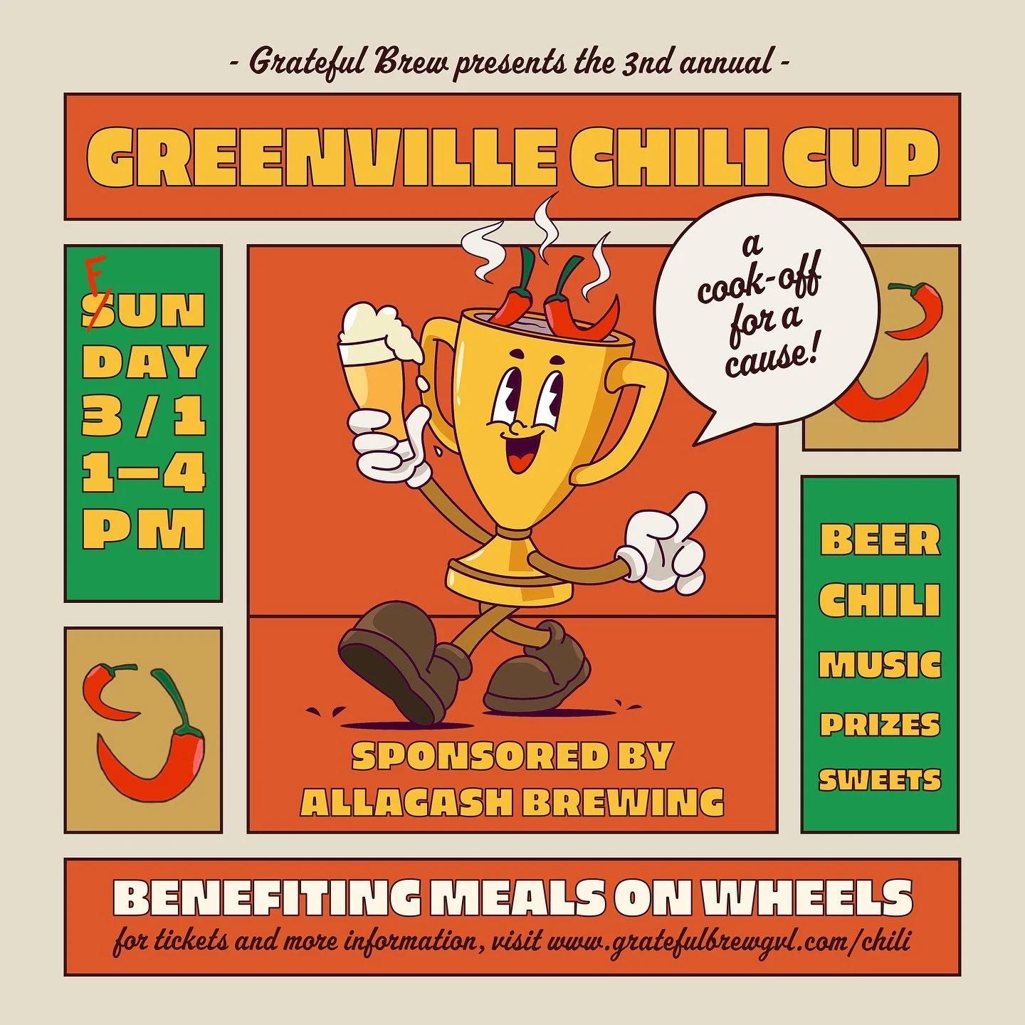 TICKETS ARE LIVE! 🌶️ 

Join us on Sunday, March 1st for the third annual Greenville Chili Cup, the ultimate cook-off experience benefiting Meals on Wheels. Bring the heat and compete with your best chili, or attend to taste and judge the best entrie