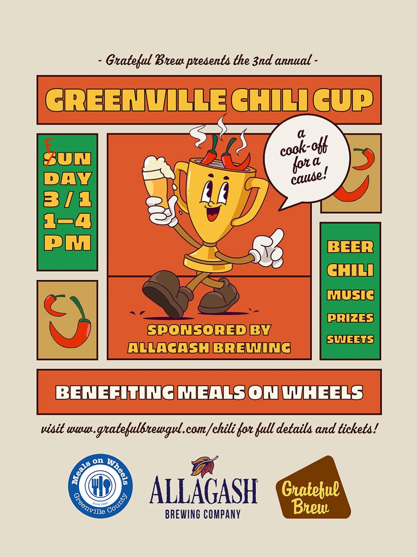 🌶️ TOMORROW!!! 🌶️

We&rsquo;re looking forward to seeing everyone at the 3rd annual Greenville Chili Cup benefiting Meals on Wheels! The event is from 1 to 4pm with tickets available at the door and proceeds donated to our nonprofit friends. We hav