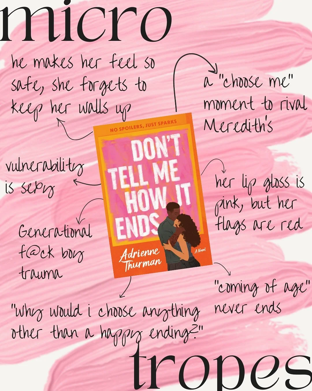 👀we love a strong character arc!! 👀
DON’T TELL ME HOW IT ENDS has gone through some (minor) changes. So, in addition to showing you the NEW cover, I’m giving you a peak inside with a few of my favorite micro tropes from the book early