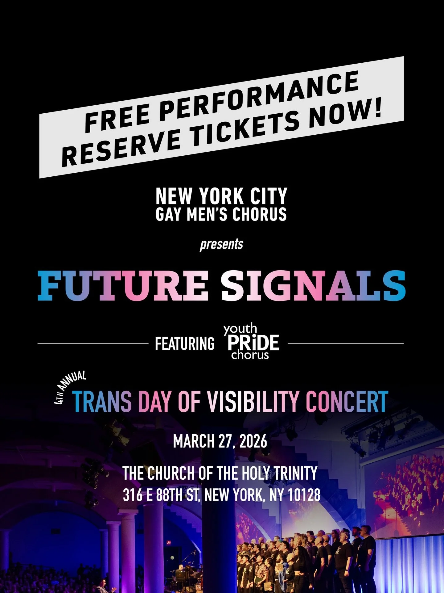 Get your tickets for Future Signals: A TDOV Concert ✨ 

📅 March 27 at 8 PM 
📍 Our Holy Trinity Church 

Join us for a powerful evening centering the voices and stories of our Trans singers through music that imagines a vibrant, visible future. Thro