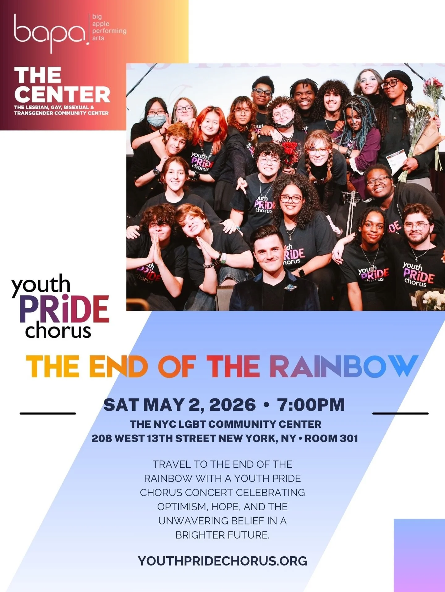 Tomorrow&rsquo;s the night&hellip; don&rsquo;t miss it 🌈✨

&ldquo;The End of the Rainbow&rdquo; is bringing powerful vocals, great energy, and a night you&rsquo;ll remember 🎶💫

🗓 May 2, 2026
⏰ 7:00 PM
📍 NYC LGBT Community Center (Room 301)

🎟 $
