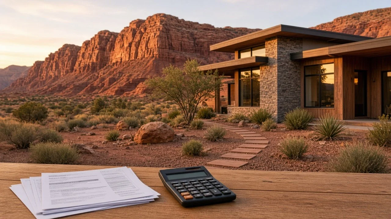 Modern Southern Utah home with red rock cliffs behind it, with a calculator and household bills in the foreground