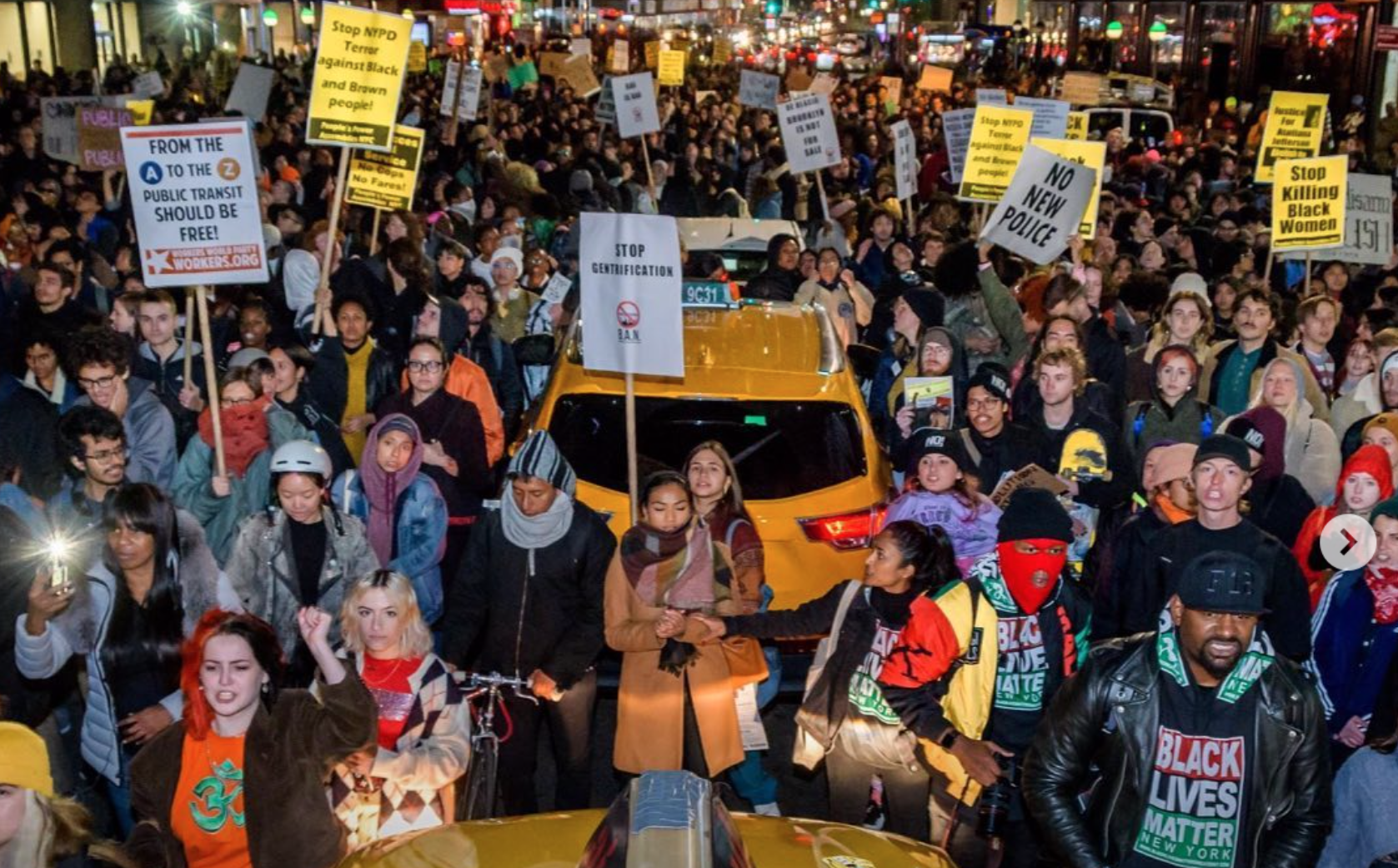 Thousands of activists marched in the streets of downtown Brooklyn Friday to protest the treatment of public transport riders by the NYPD