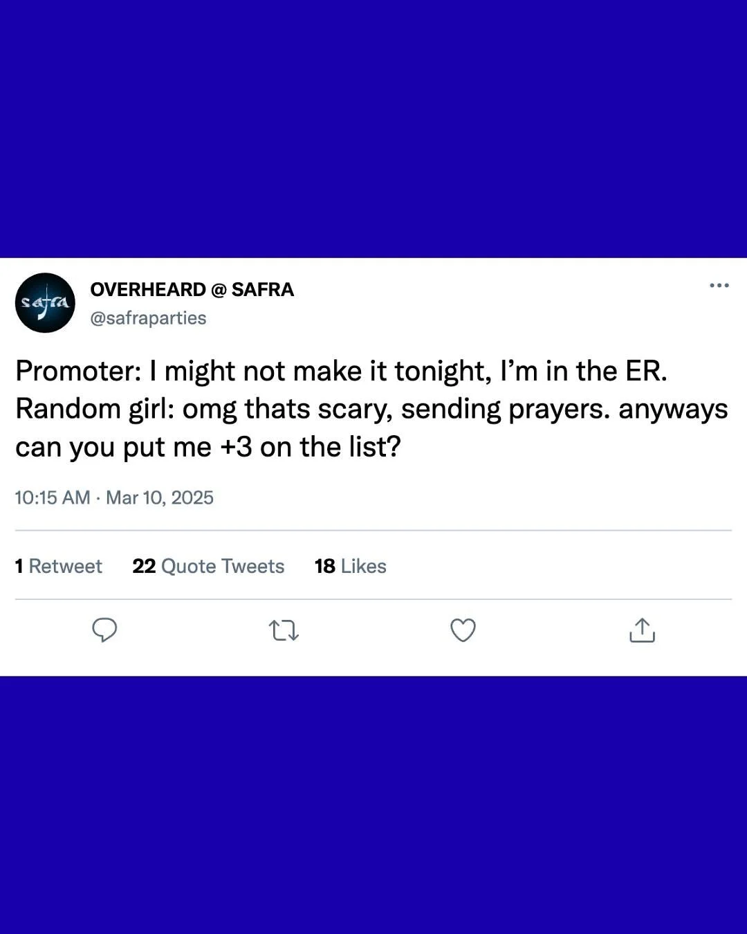 Things we&rsquo;ve definitely overheard at Safra shows&hellip; and probably will again. What&rsquo;s the funniest thing you&rsquo;ve overheard at a party?