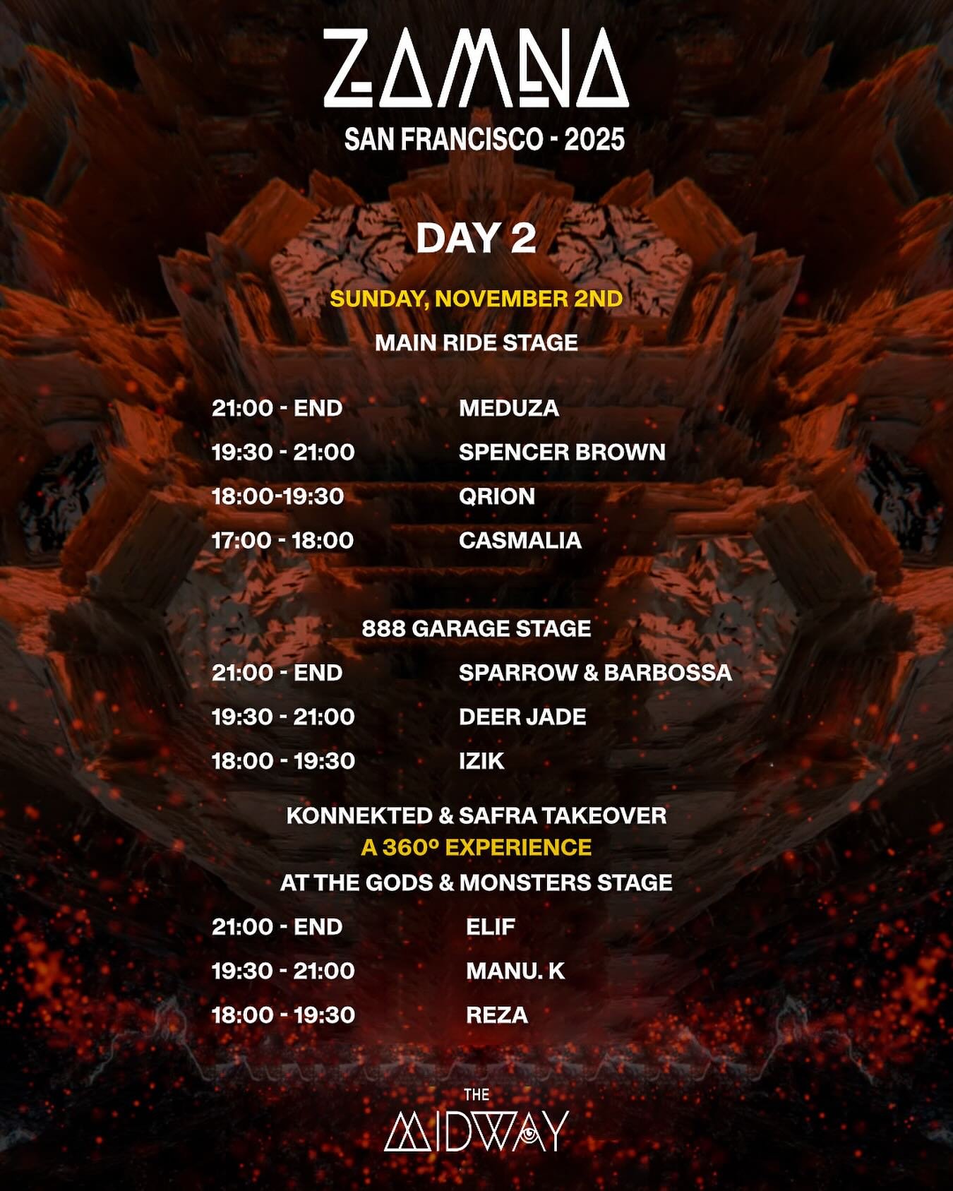 🔥 Zamna Festival &ndash; Day 2 🔥
San Francisco, are you ready for the grand finale this Sunday at The Midway? 🌴

🎡 Three stages. One massive night.
✨ Main Ride Stage: Meduza, Spencer Brown, Qrion &amp; Casmalia
🚀 888 Garage Stage: Sparrow &amp; 