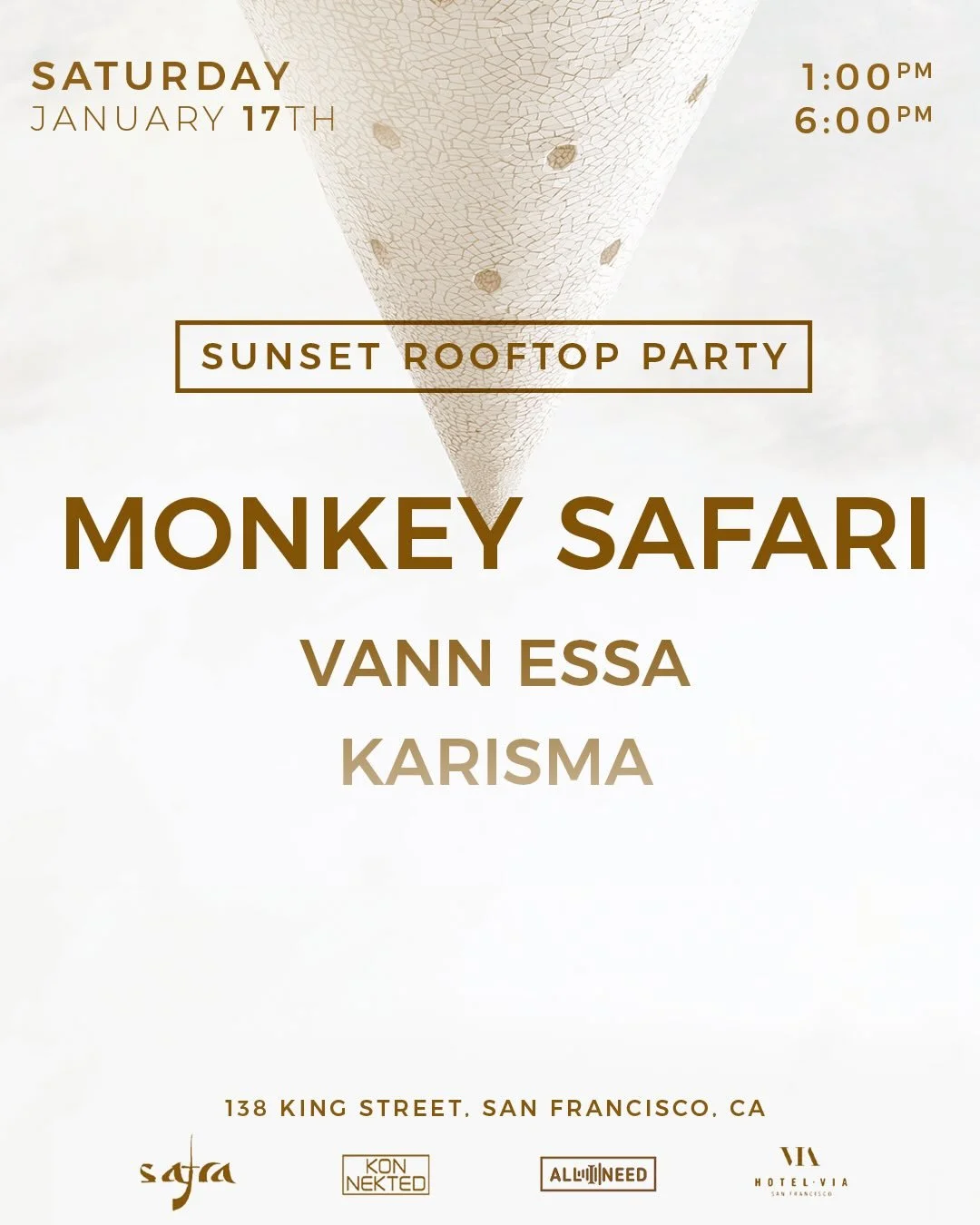 Golden hour + Monkey Safari = instant rooftop chaos 🌅🐒
Saturday, Jan 17th, we&rsquo;re taking the Via Hotel rooftop for a proper daytime bounce.
Catch the sunset, catch a vibe, maybe catch feelings &mdash; who knows. See you on the roof 😎
Afters w