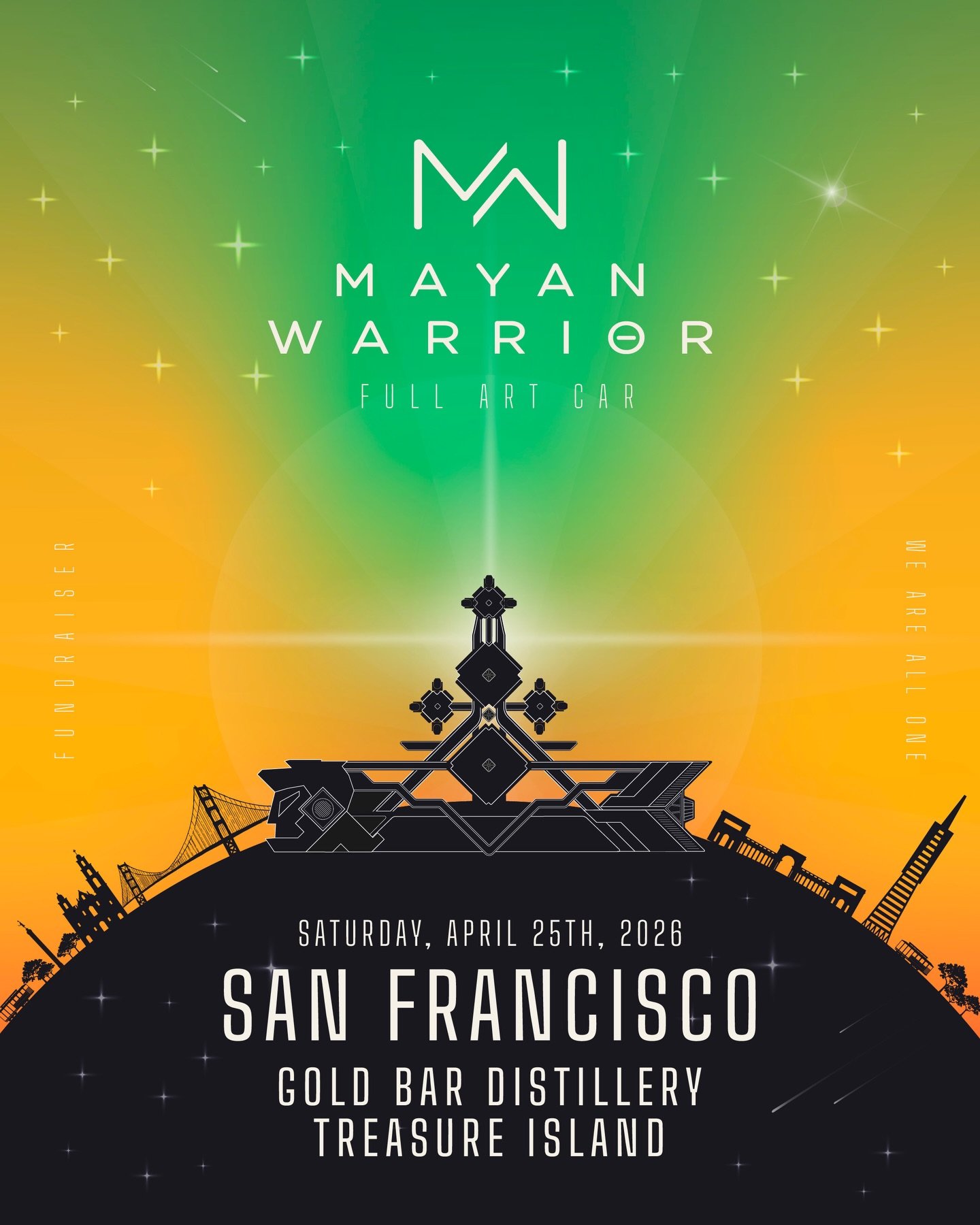 San Francisco 🌁
Mayan Warrior really said &ldquo;brb&rdquo; for 4 years and now we&rsquo;re SO back.
April 25 &mdash; Gold Bar Distillery, Treasure Island. Day to night. Full Art Car. Surrounded by Bay water. Main character energy only. ✨
SF, this r