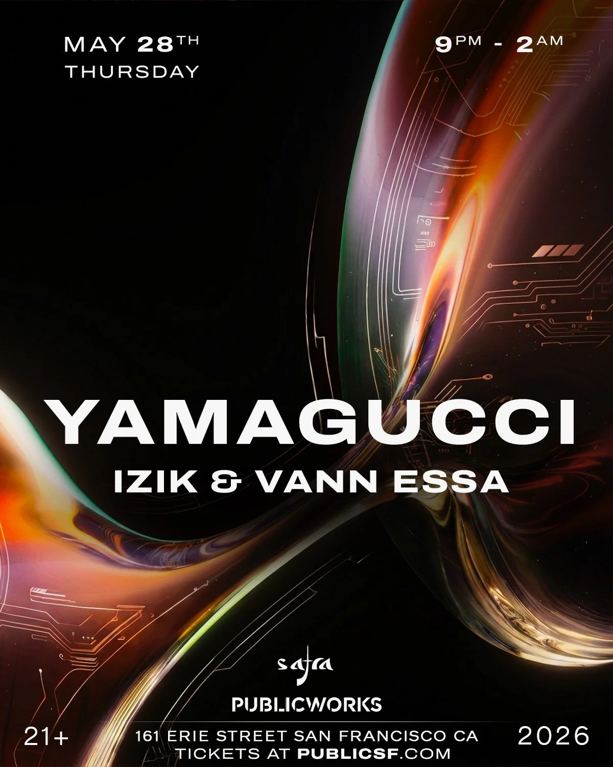 SF&hellip; this one&rsquo;s gonna get weird in the best way possible 😈
Thursday, May 28! we gna turn Public Works into a full-blown cosmic sweat session with Yamagucci + Izik &amp; Vann Essa🤘🏽
Think sexy basslines, hypnotic grooves, lasers in your