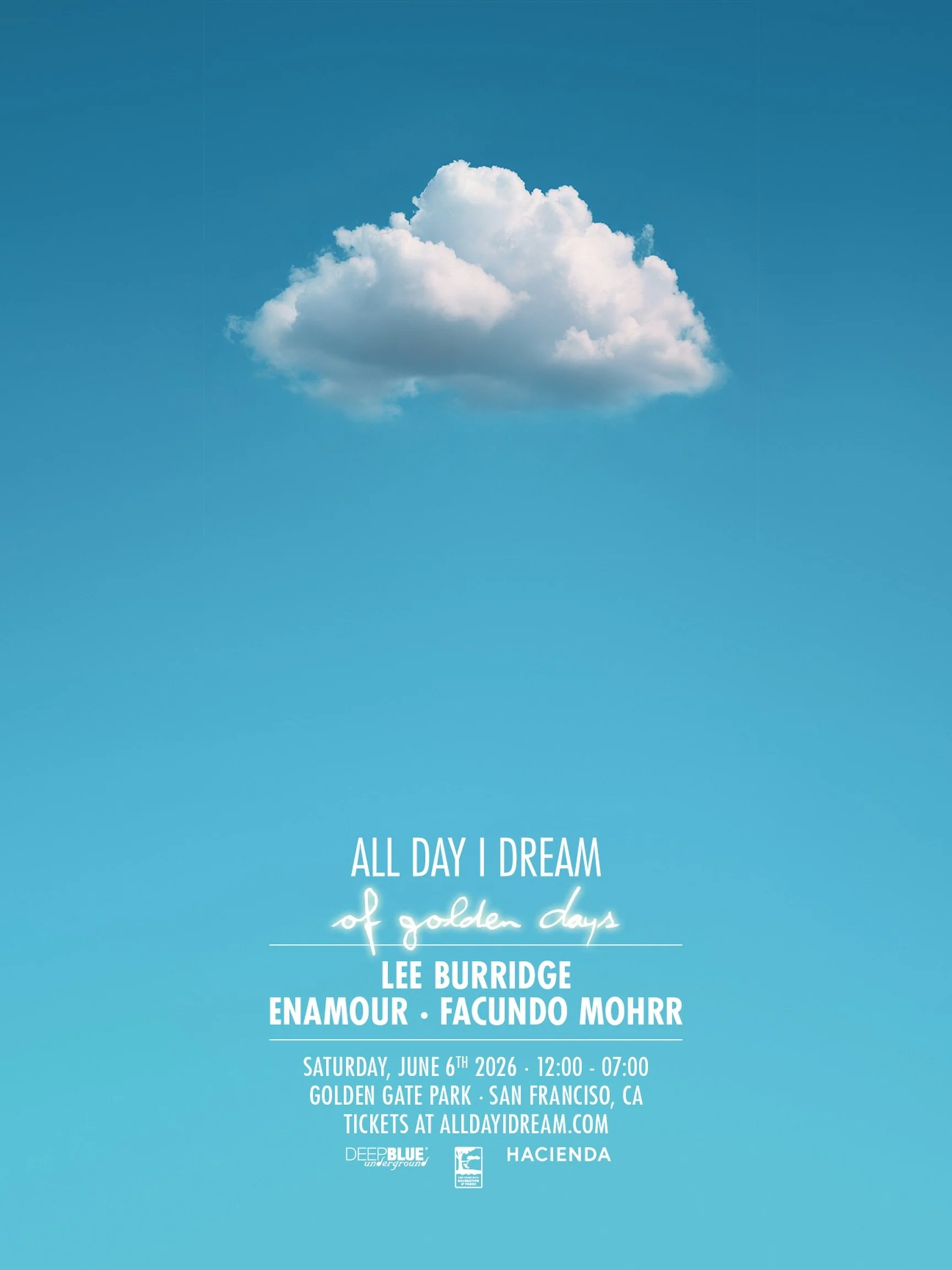 San Francisco about to become the prettiest dance floor on earth ☁️
All Day I Dream lands in Golden Gate Park on June 6th and honestly&hellip; this lineup feels illegal.
Lee Burridge, Enamour, Facundo Mohrr. sunshine, serotonin, people kissing in slo