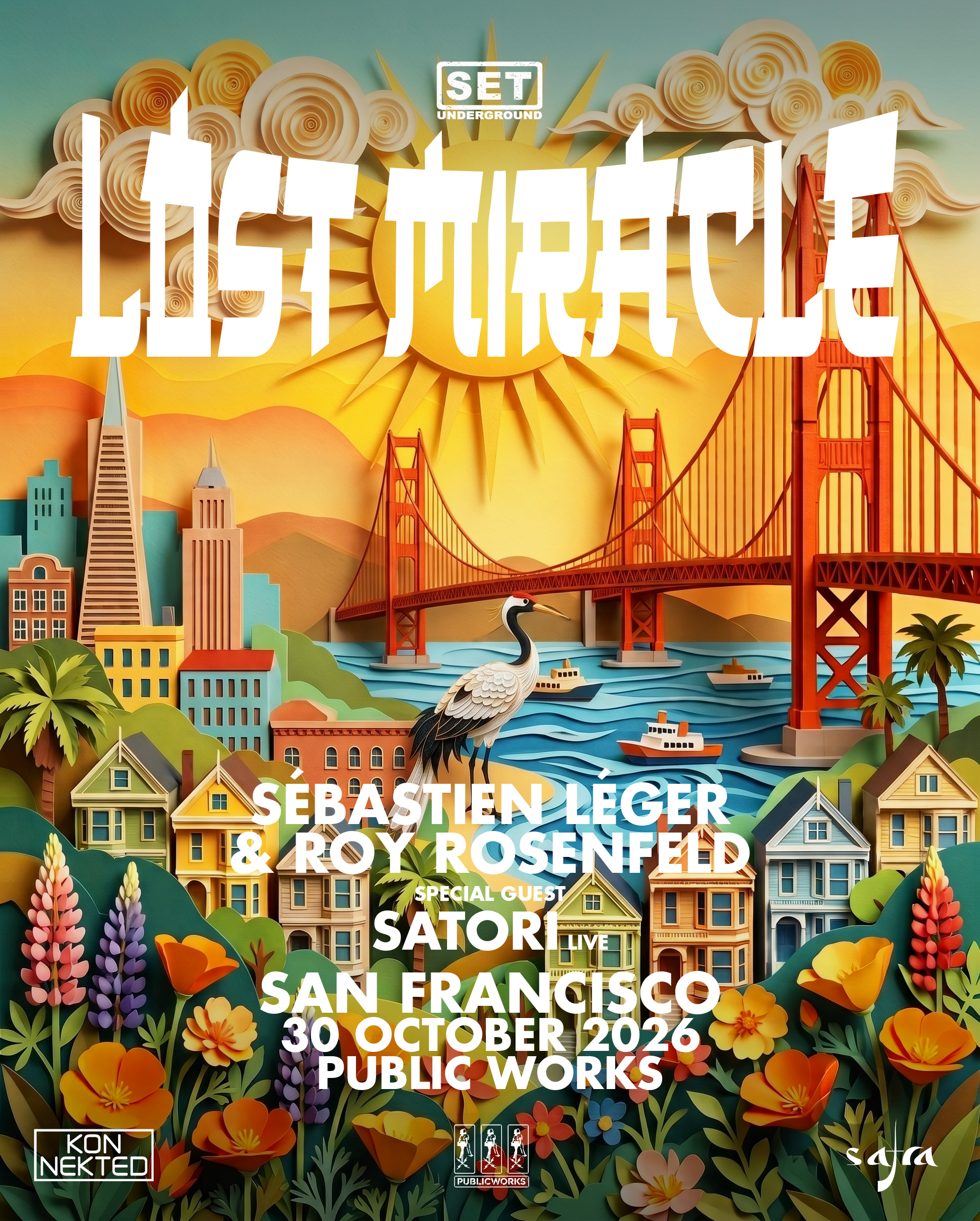 Colorful digital artwork of San Francisco skyline with a bridge, city buildings, a heron, and vibrant flowers, with event details in white text overlay.