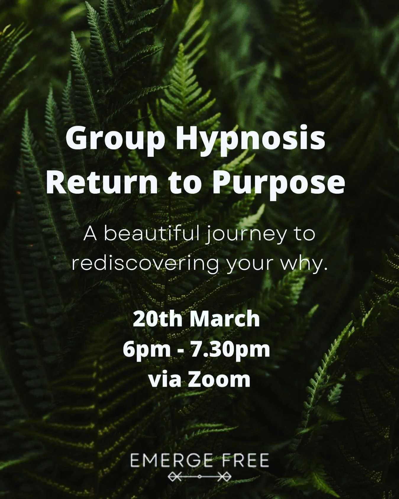 ✨Uncover your why and tune into your true self at our Group Hypnosis - Return to Purpose✨ 
 
20th March 
6pm-7.30pm

A magical journey across 60 minutes followed by powerful journal prompts to start aligning your life 🌸 Link in bio
