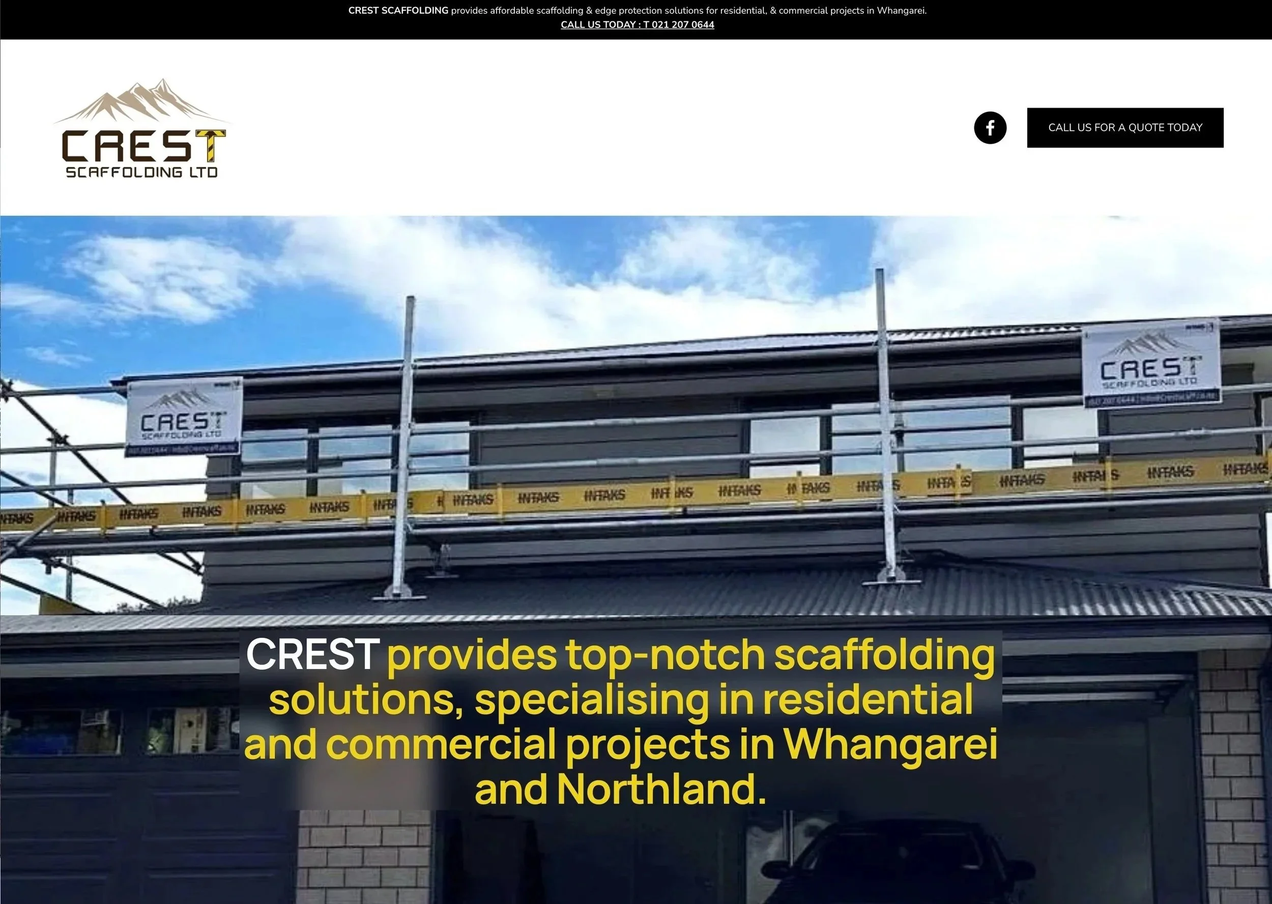 Photo of a construction site with scaffolding, a building under construction, and promotional banners from Crest Scaffolding Ltd. The text mentions their focus on top-notch scaffolding solutions for residential and commercial projects in Whangarei and Northland.