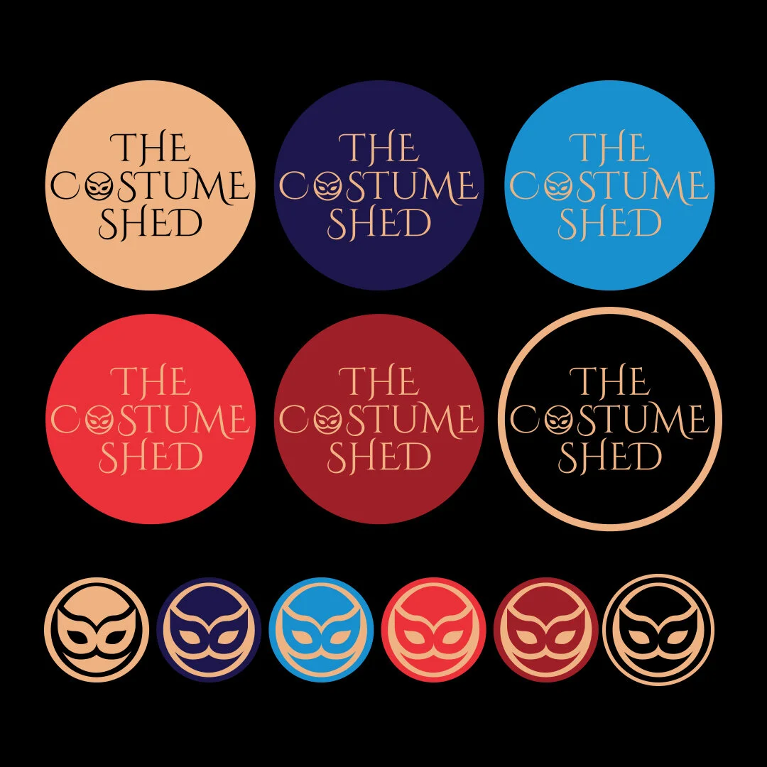 Collection of circular logos for 'The Costume Shed' in different colors, with some featuring a masked face icon, arranged on a black background.
