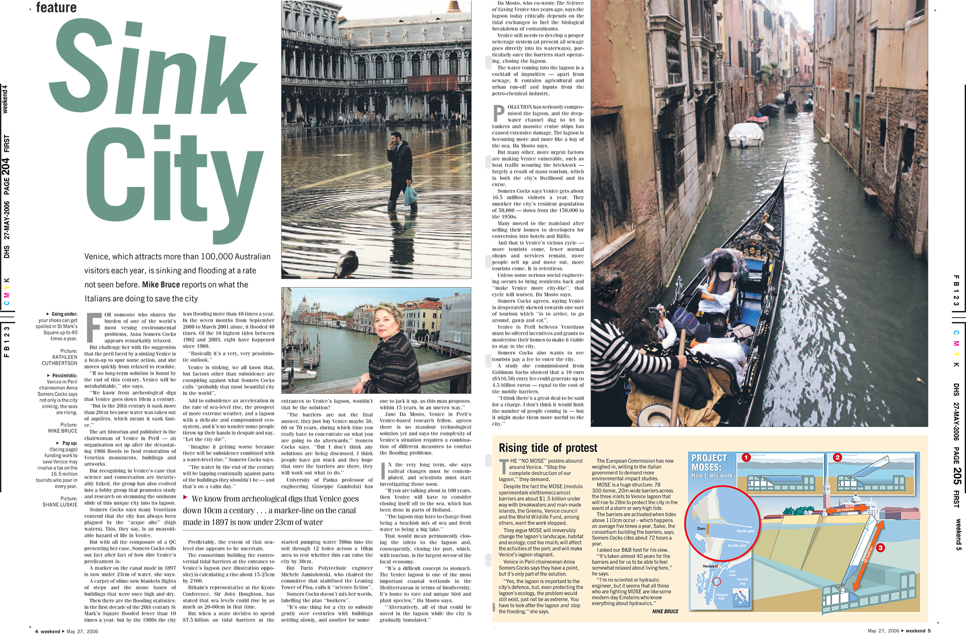 A collage of three photographs and a diagram showing floodwaters and water-related infrastructure in Venice, Italy, with text on rising tides and environmental issues.