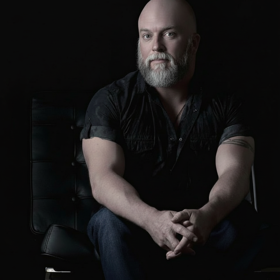 A bald man with a gray beard, wearing a black short-sleeved shirt, sitting on a black leather chair against a dark background.