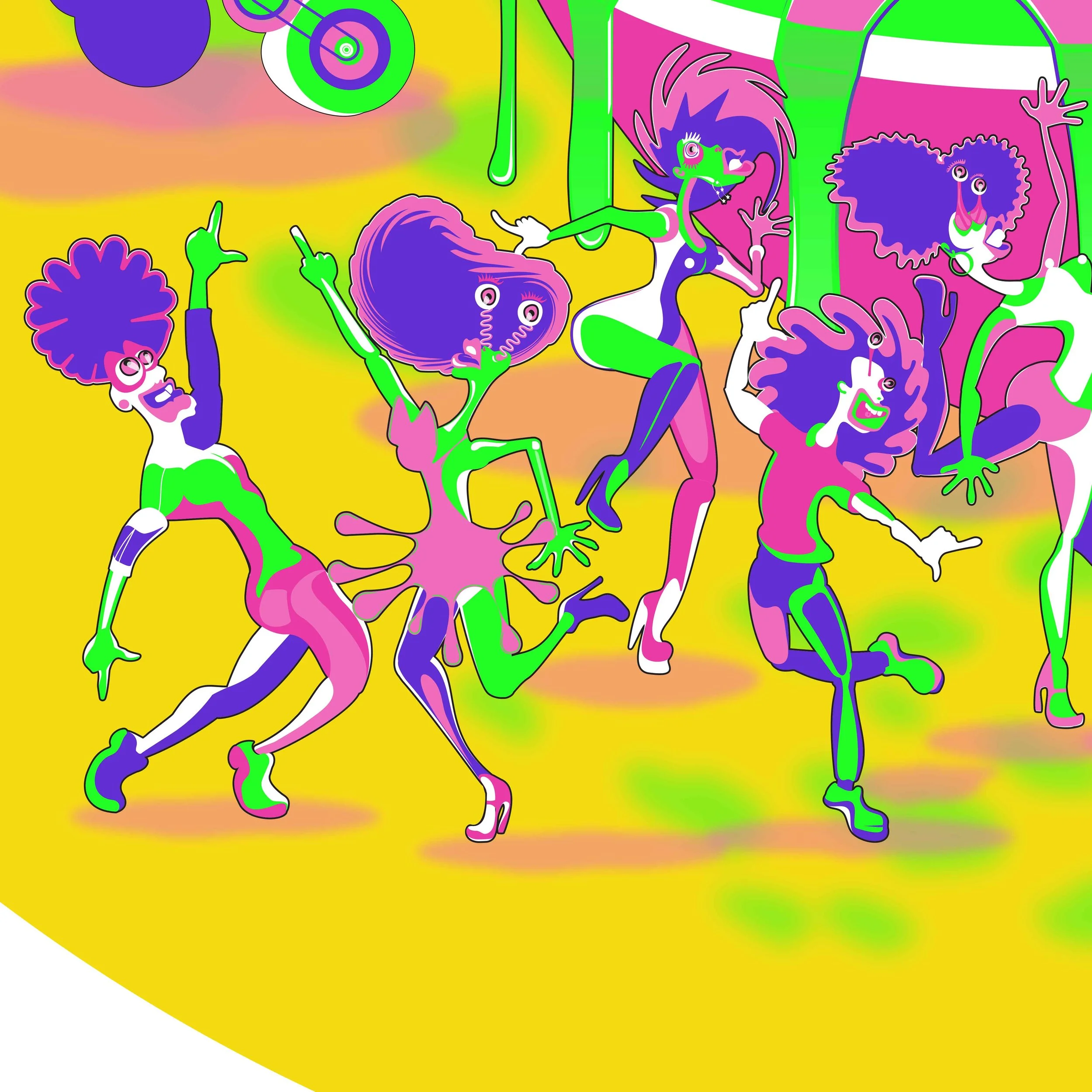 detailed contemporary conceptual artwork featuring surreal characters, bright colour palette, and intricate layered composition