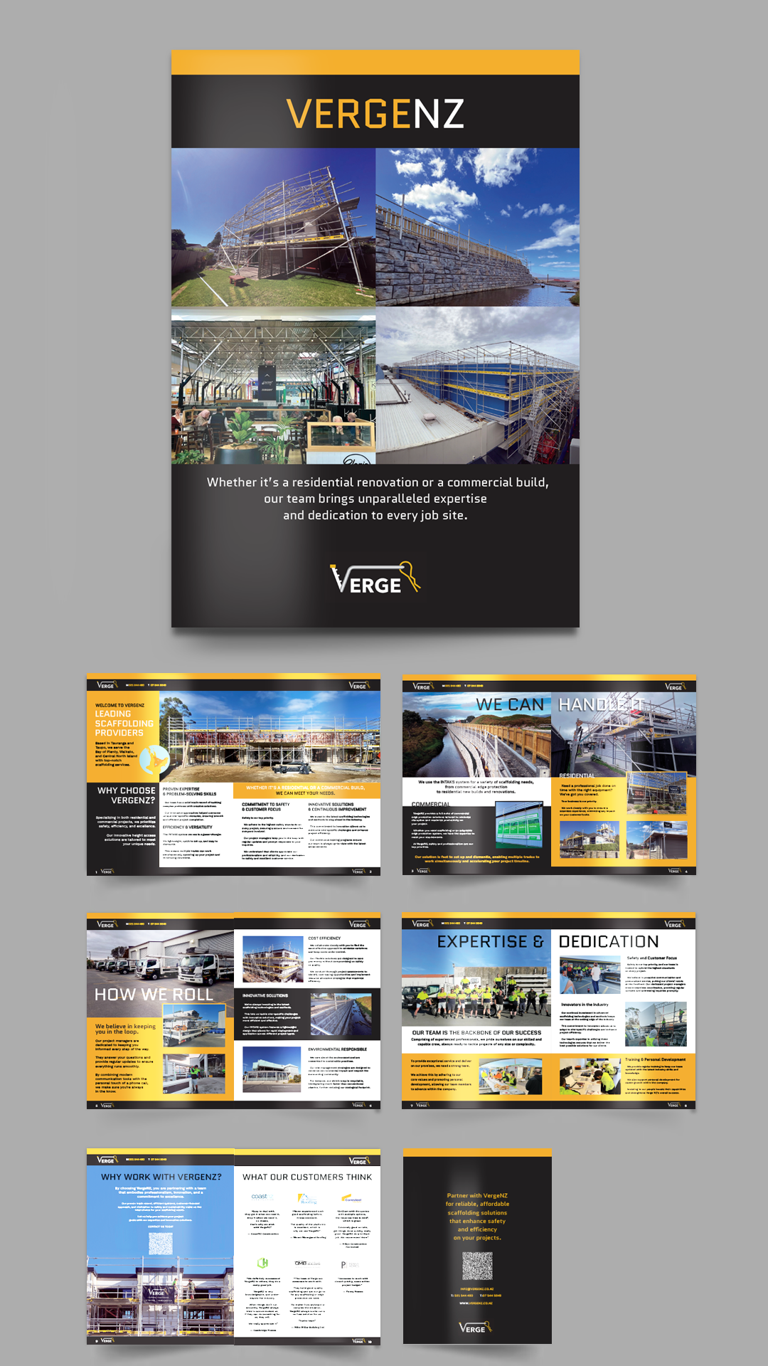 Brochure with construction images and text promoting VergeNZ's scaffolding services for residential and commercial projects.