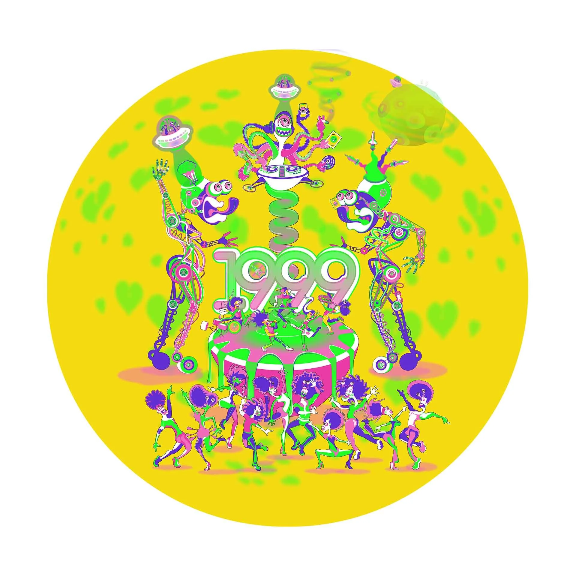 detailed contemporary conceptual artwork featuring surreal characters, bright colour palette, and intricate layered composition