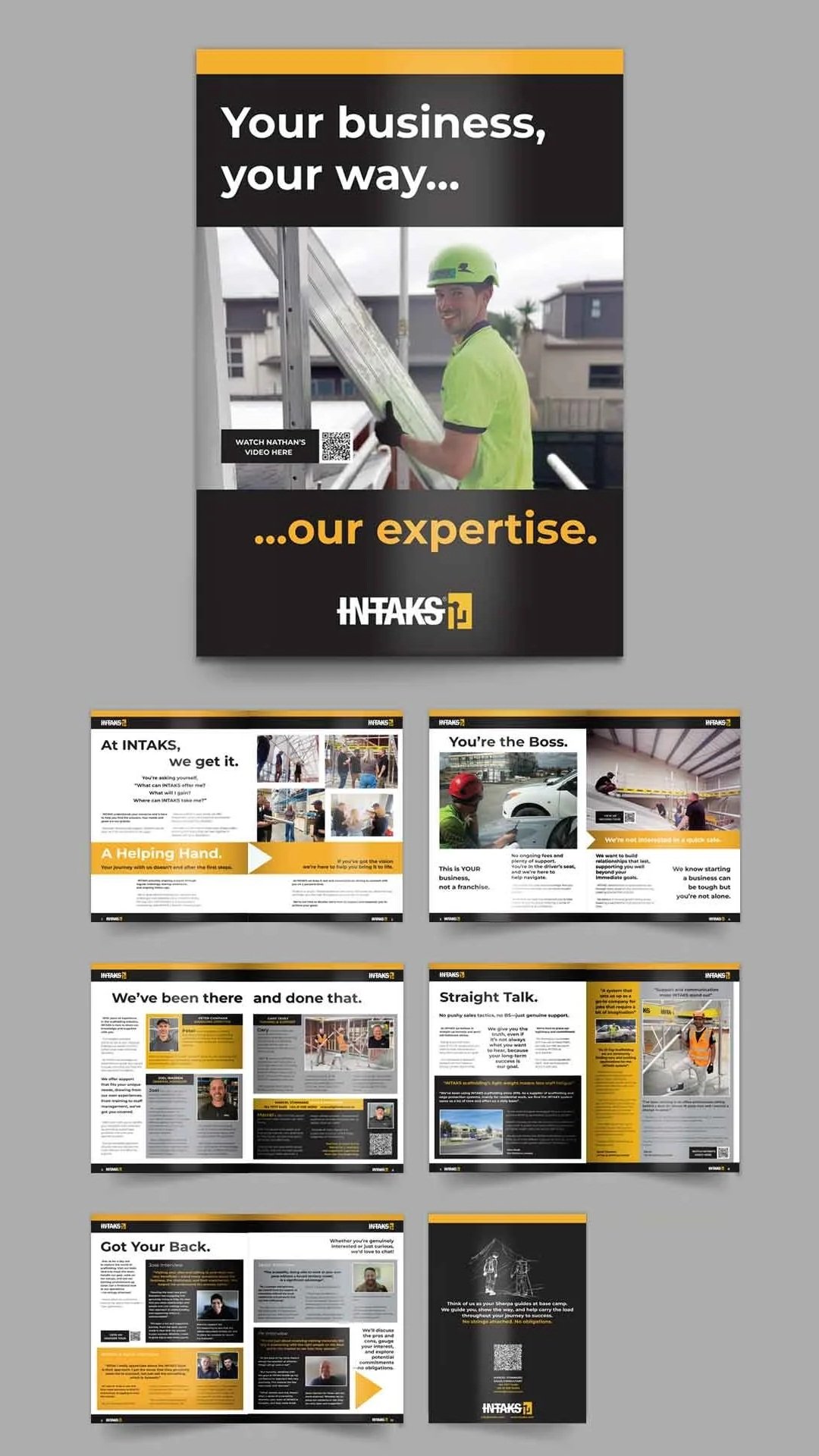 Posters and flyers advertising a construction and excavation business called INTAX. The main poster features a smiling worker in a green helmet and shirt holding a ladder, with the slogan "Your business, your way... our expertise." The smaller flyers contain information about the company's services, testimonials, and contact details, emphasizing support and experience in the industry.