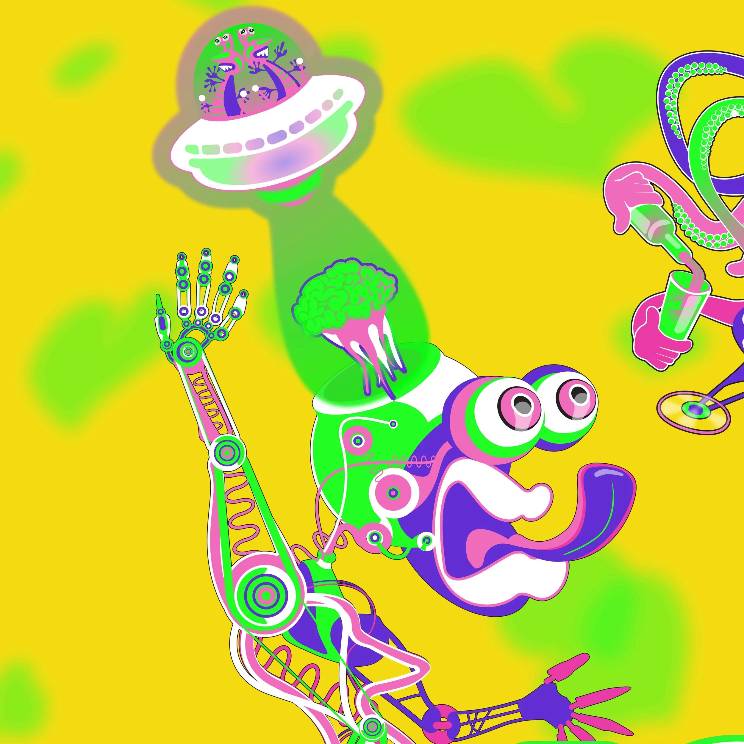 detailed contemporary conceptual artwork featuring surreal characters, bright colour palette, and intricate layered composition