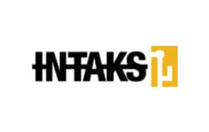 Logo of Intaks with black text and a yellow abstract shape next to it.