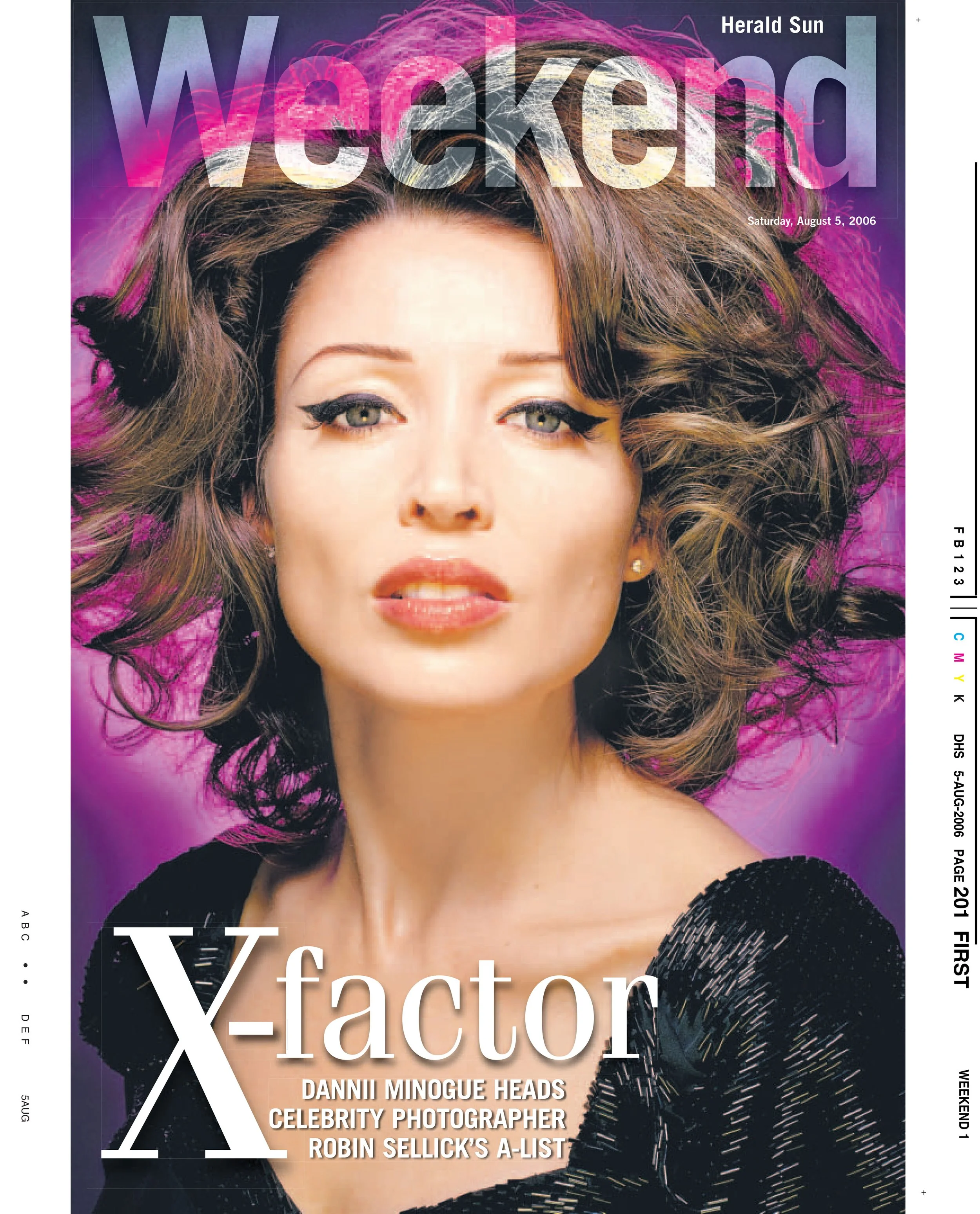 Magazine cover featuring a woman with curly hair and makeup with purple background. The headline reads 'WEEKEND' in large letters with 'WEEKEND' in stylized white, gray, pink, yellow, and blue colors. The cover date is Saturday, August 5, 2006, and mentions content about Danii Minogue, celebrity photographers, Robin Sellick, and other topics.