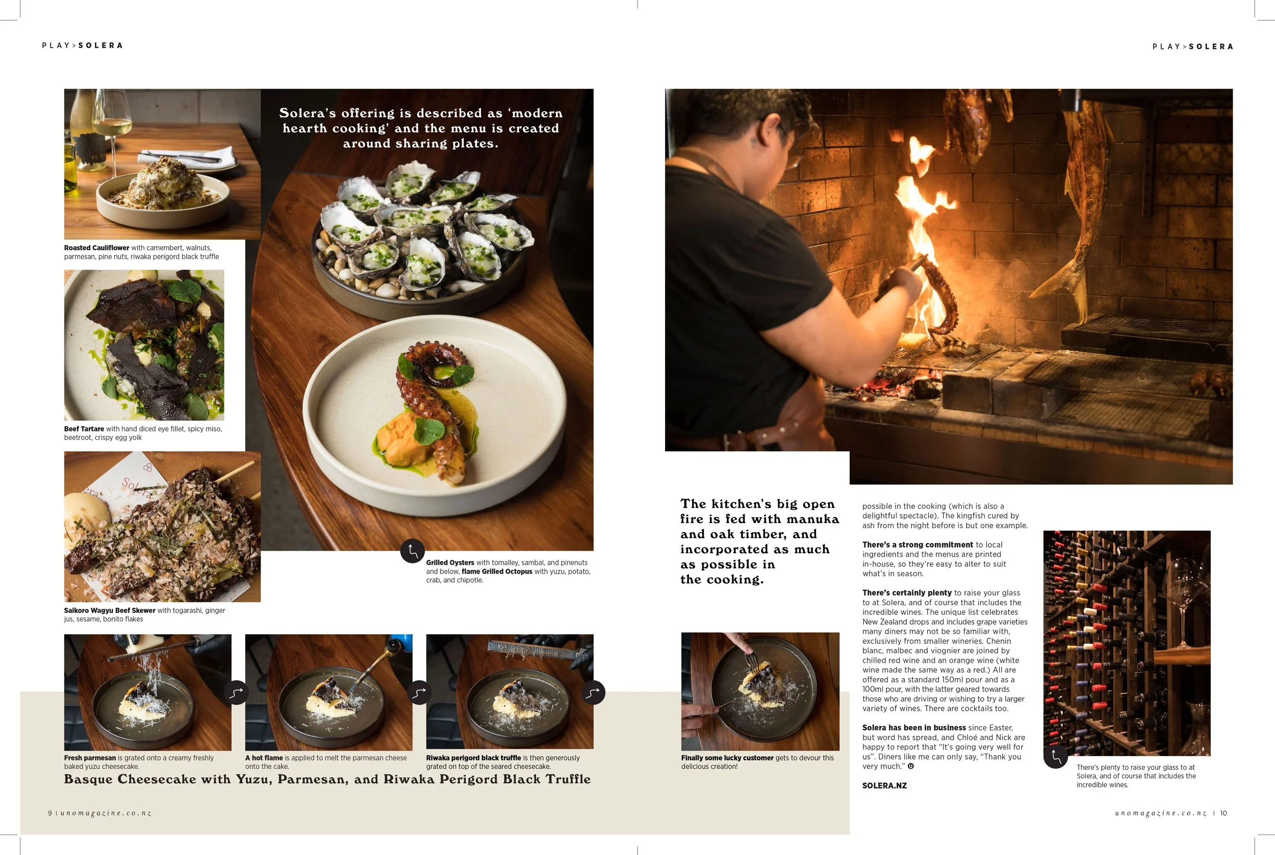 A magazine spread showing images of various gourmet dishes including roasted cauliflower, beef tartare, grilled oysters, octopus, wagyu beef skewer, cheesecake with yuzu, parmesan, and black truffle, and a chef cooking over an open flame in a kitchen.