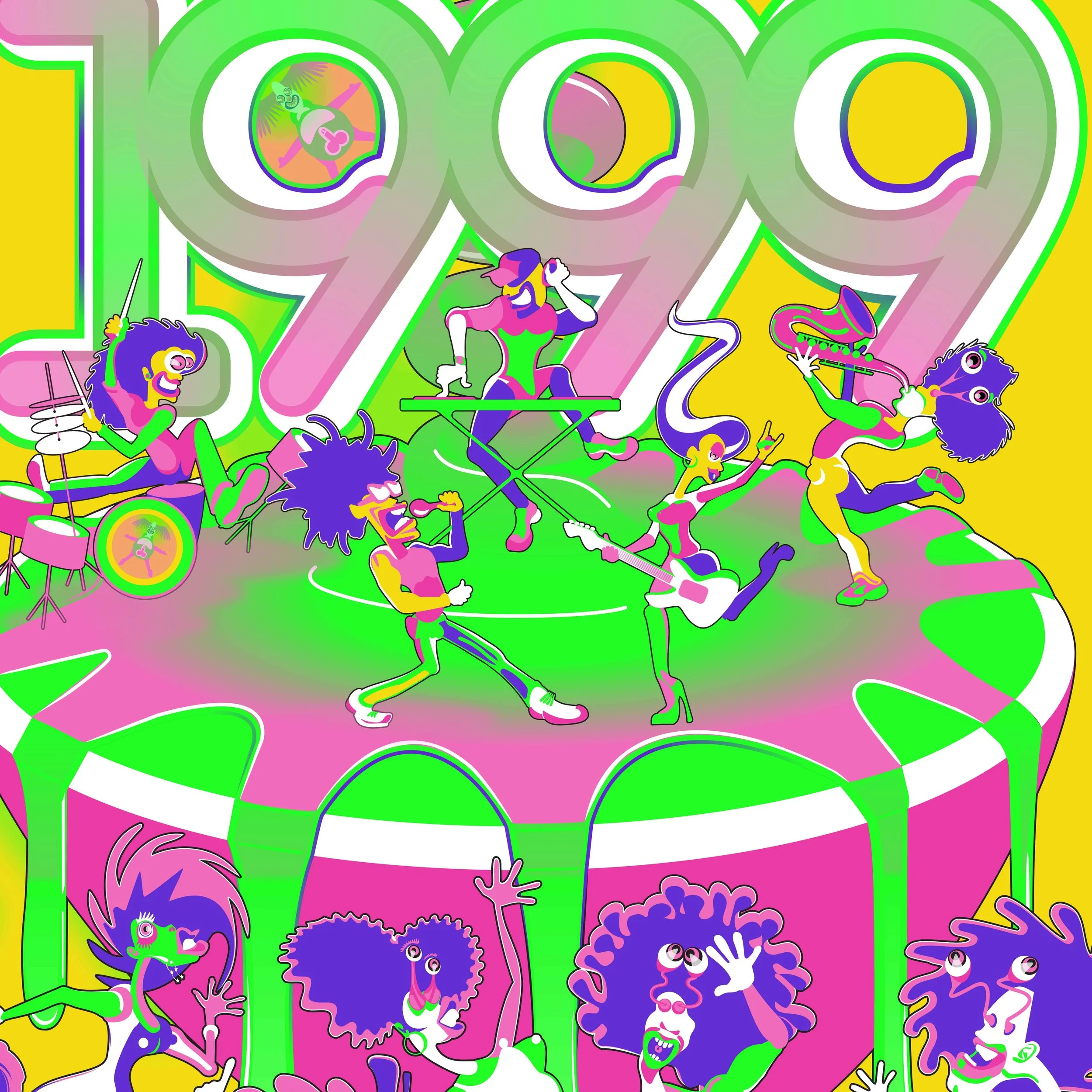 detailed contemporary conceptual artwork featuring surreal characters, bright colour palette, and intricate layered composition