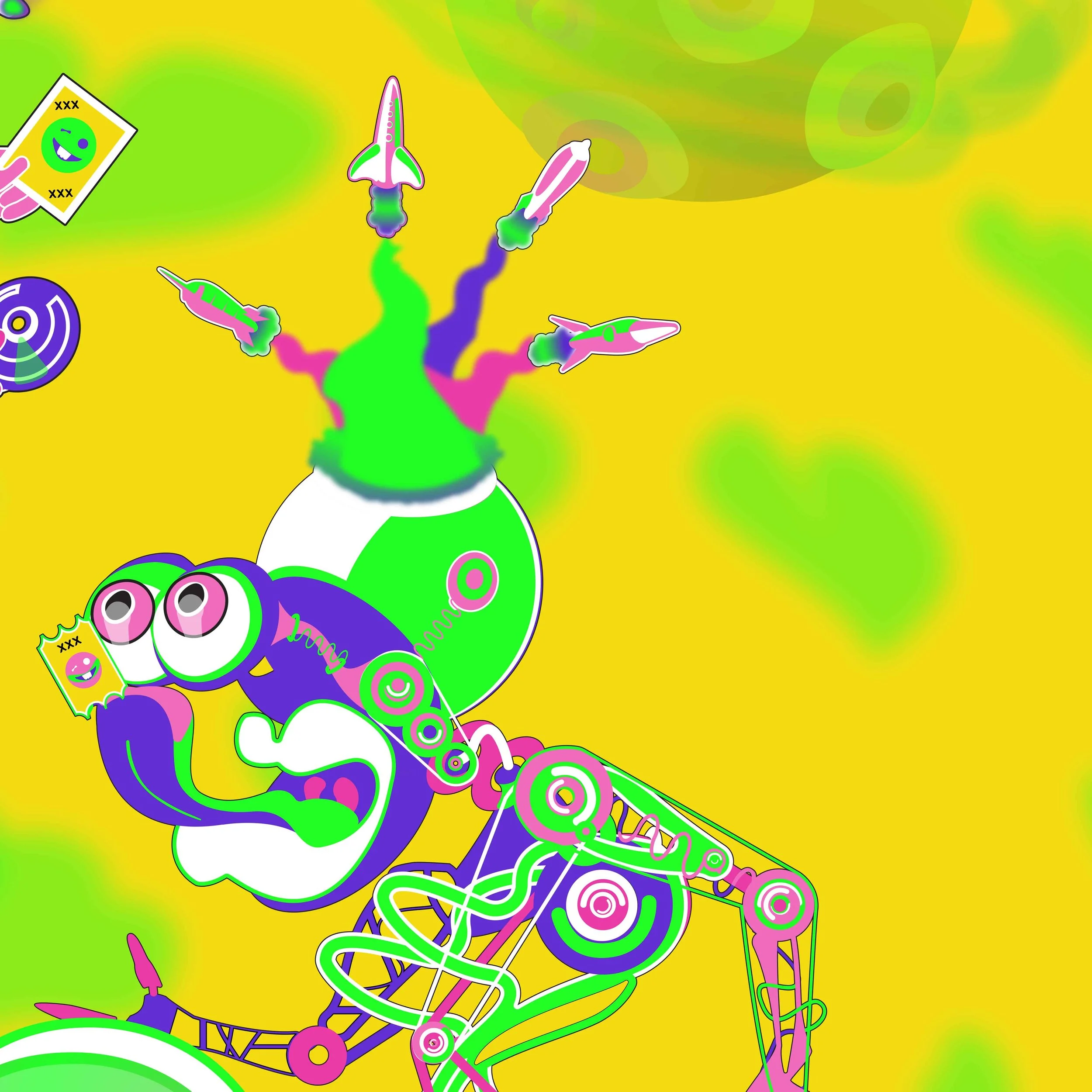 detailed contemporary conceptual artwork featuring surreal characters, bright colour palette, and intricate layered composition