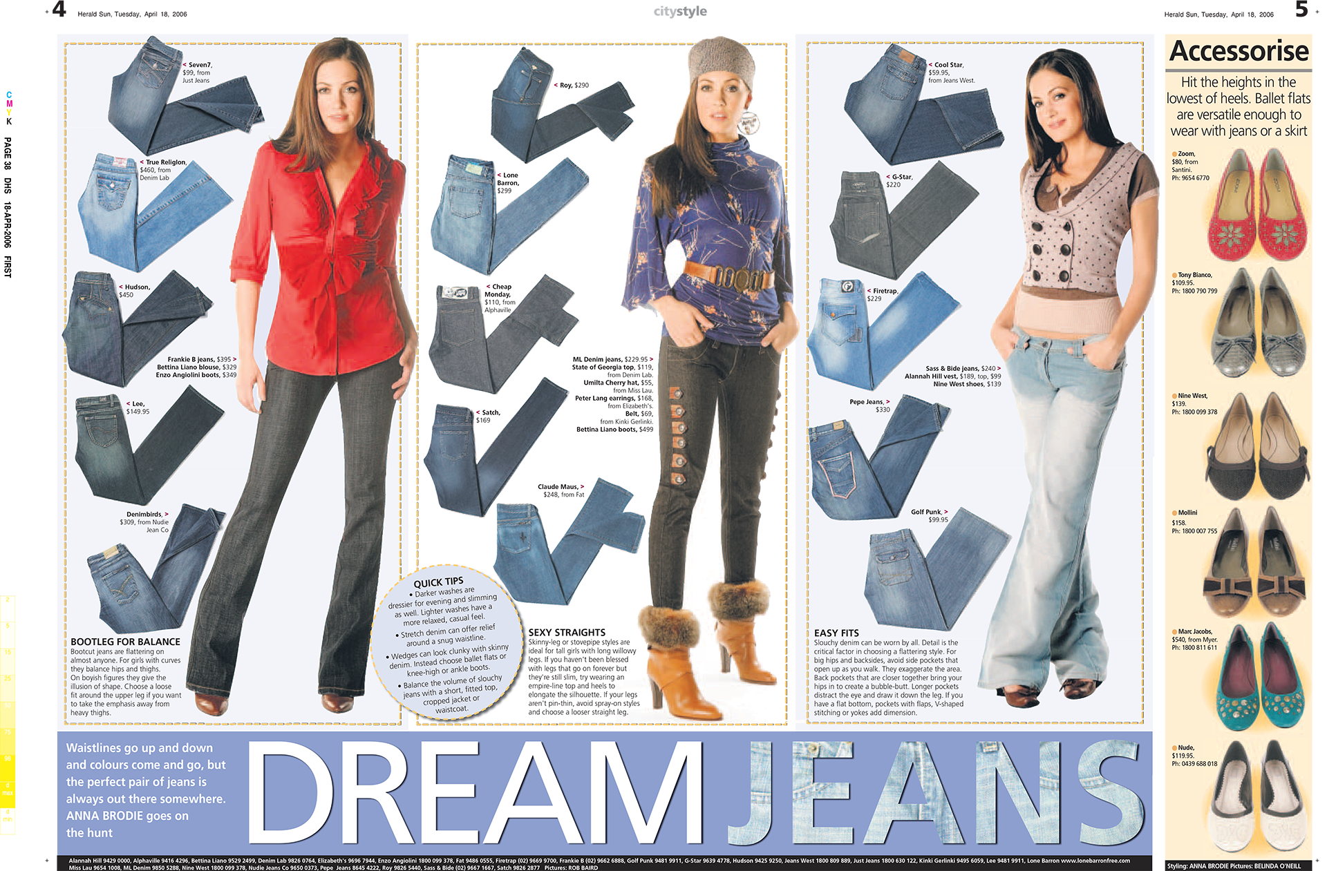 A fashion catalog page featuring women wearing various styles of jeans paired with different tops and shoes. The page includes images of jeans with prices and brands, two women modeling outfits with jeans, and a section describing fit and styling tips.