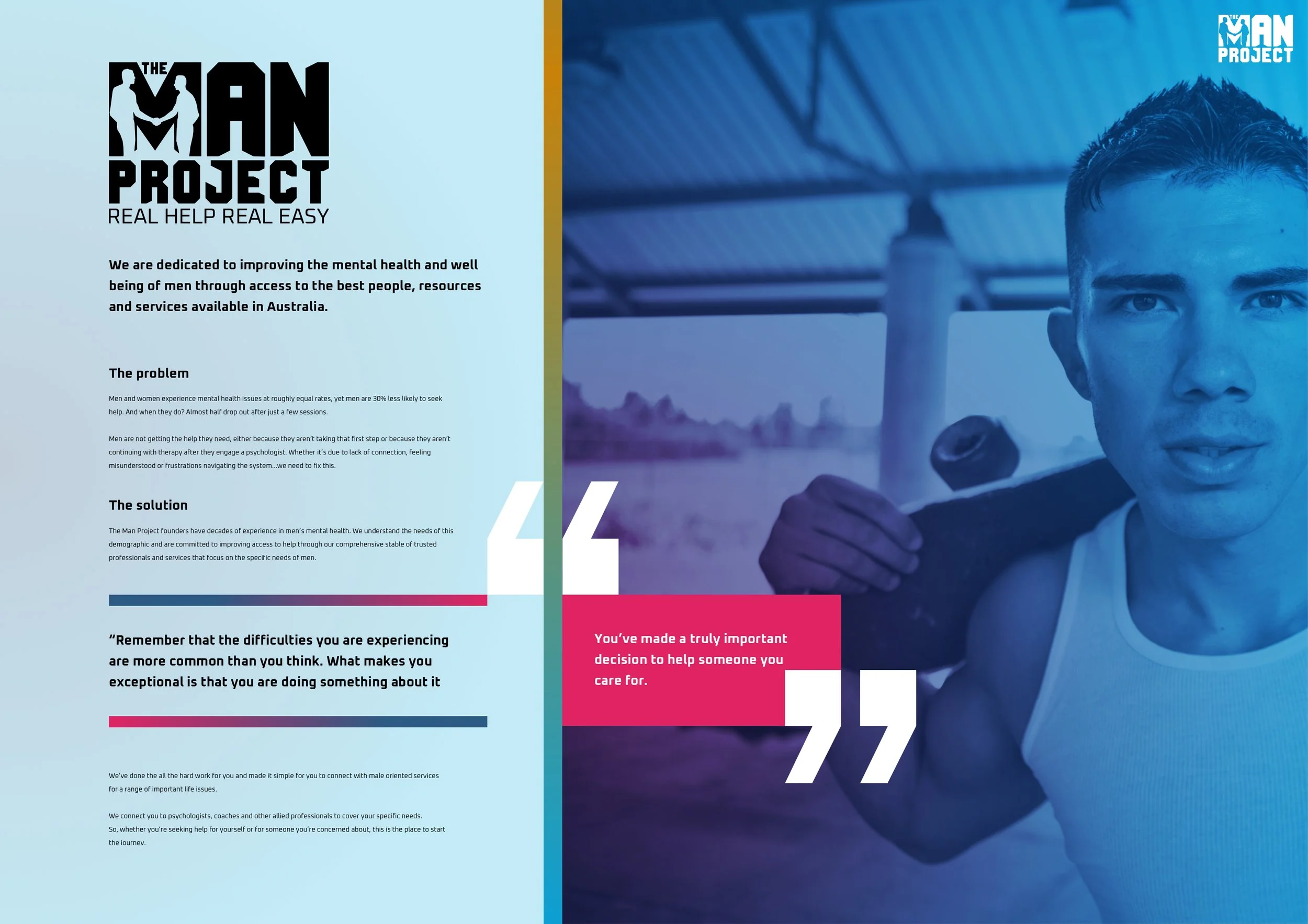 A brochure with the title 'The Man Project: Real Help Real Easy'. The left side has text describing mental health issues in men and the services available in Australia, with the headline 'The problem'. The right side shows a man holding a phone, looking into the camera with a serious expression, standing under a roof or shelter, with the logo 'The Man Project' in the top right corner.