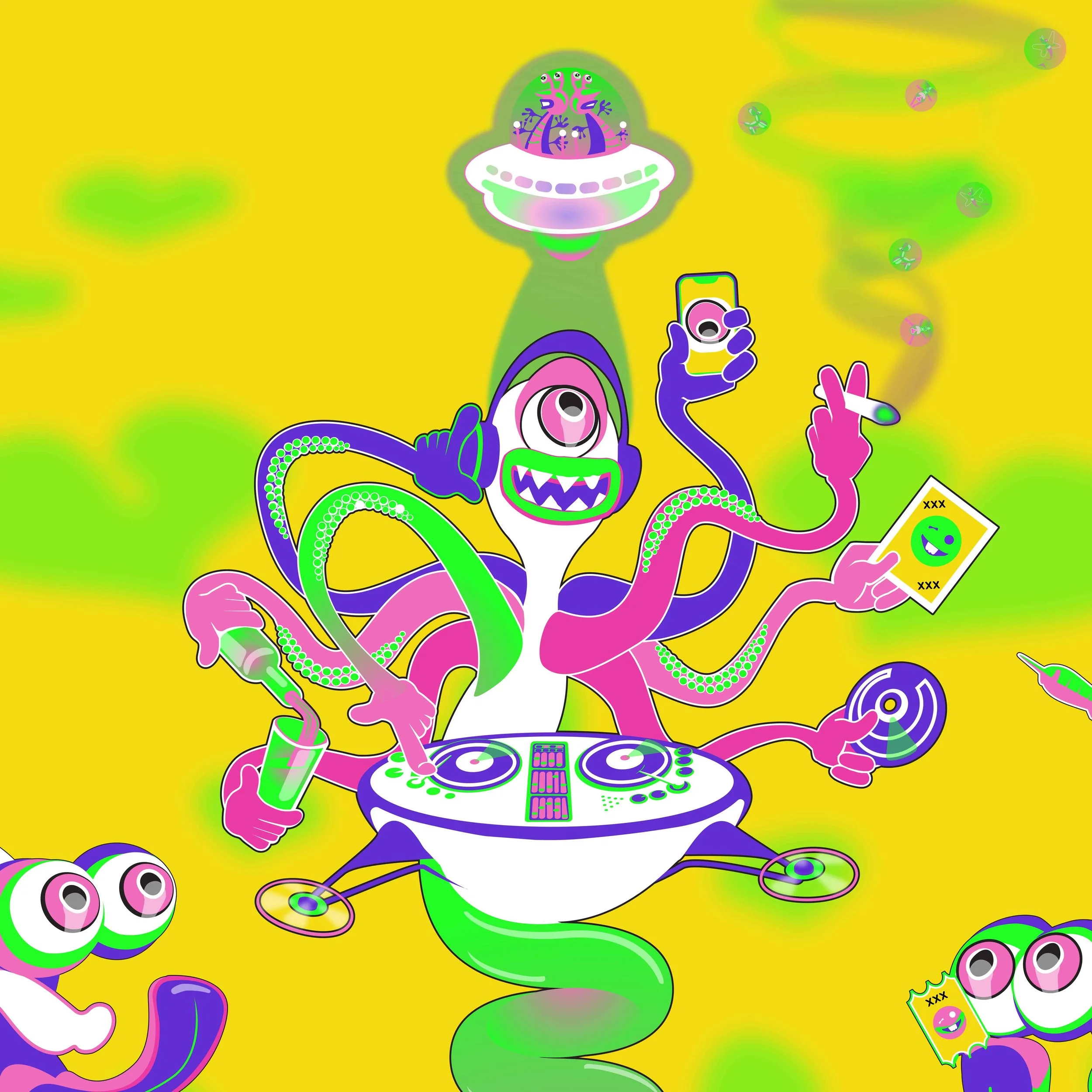 detailed contemporary conceptual artwork featuring surreal characters, bright colour palette, and intricate layered composition