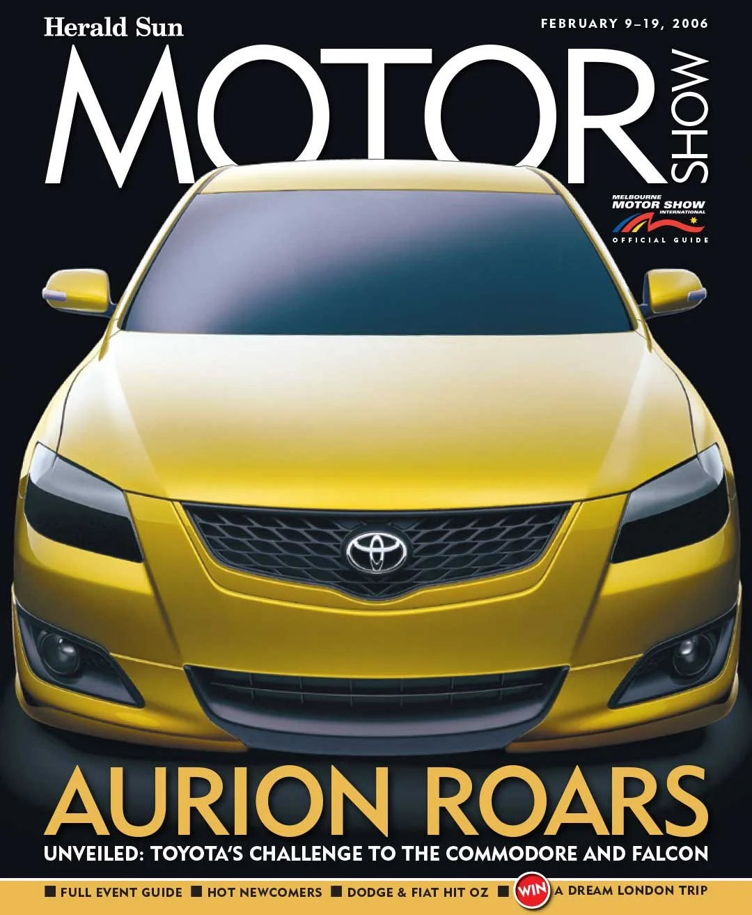 Front view of a yellow Toyota Aurion car on a magazine cover titled 'Herald Sun MOTOR SHOW'.