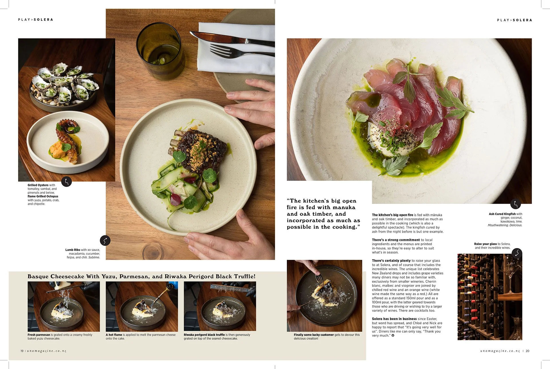 A magazine spread featuring several dishes, including a plate of raw fish garnished with herbs, a bowl of vegetables with a piece of lamb rib and sauce, and a plate of oysters. There are also close-up shots showing the preparation of a baked cheesecake with parmesan cheese and a cheese cake dessert.