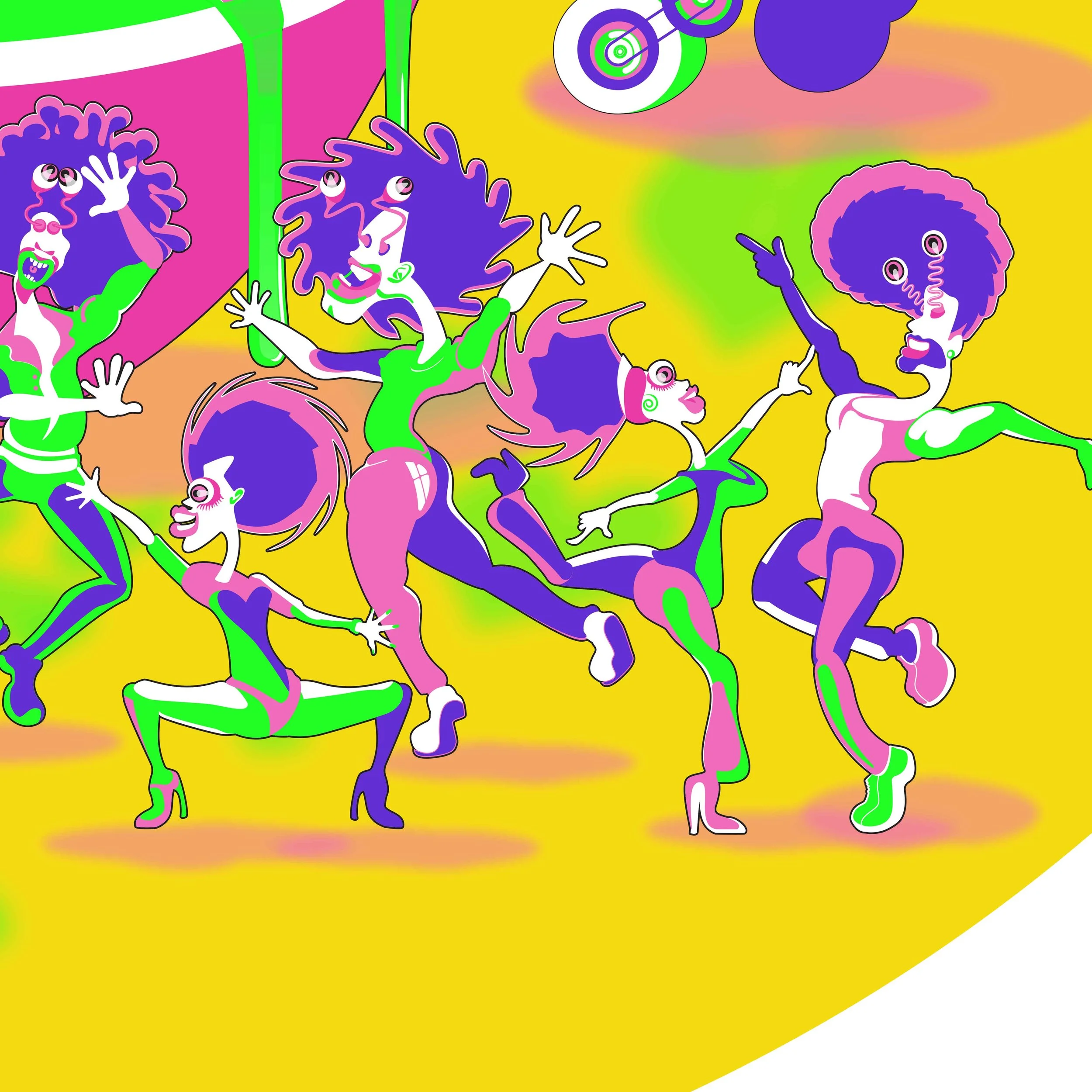 detailed contemporary conceptual artwork featuring surreal characters, bright colour palette, and intricate layered composition