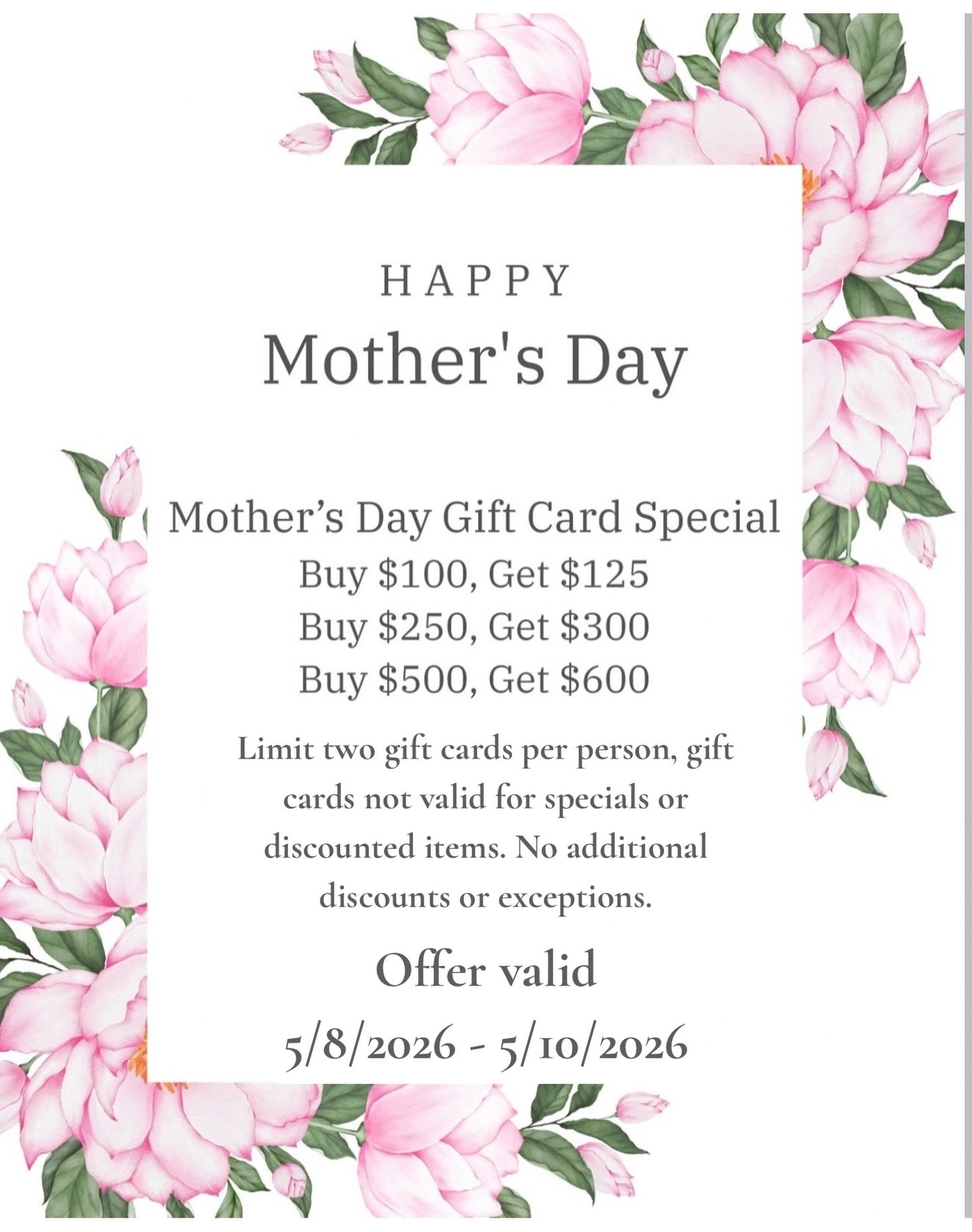 Mother&rsquo;s day is around the corner! Purchase a Mother&rsquo;s day gift card for the Mom in your life!