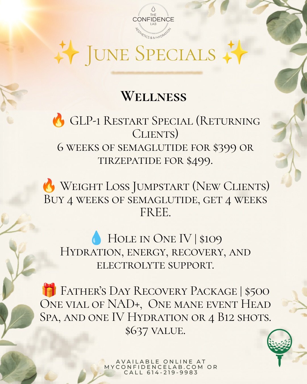 ✨ June Specials ✨

Summer reset for wellness, skin, and confidence.

This month is focused on feeling better from the inside out. From metabolic support to aesthetic treatments, these specials are designed to help you build real momentum going into s