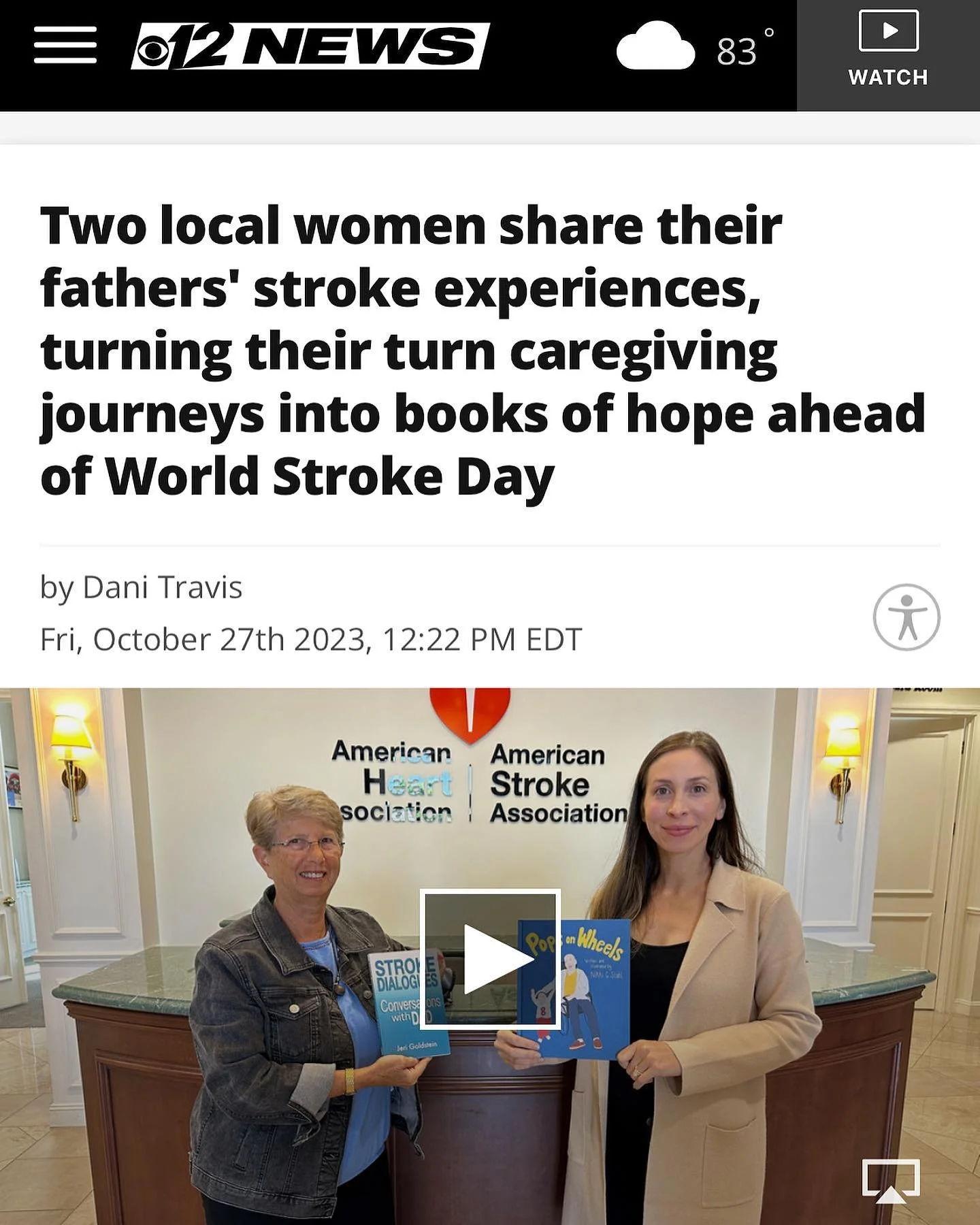 Thank you @wpeccbs12 for sharing our story and for bringing attention to World Stroke Day this Sunday. And thank you @americanheartfl for all you do to help stroke survivors and their loved ones learn and navigate life after a stroke.

It&rsquo;s est