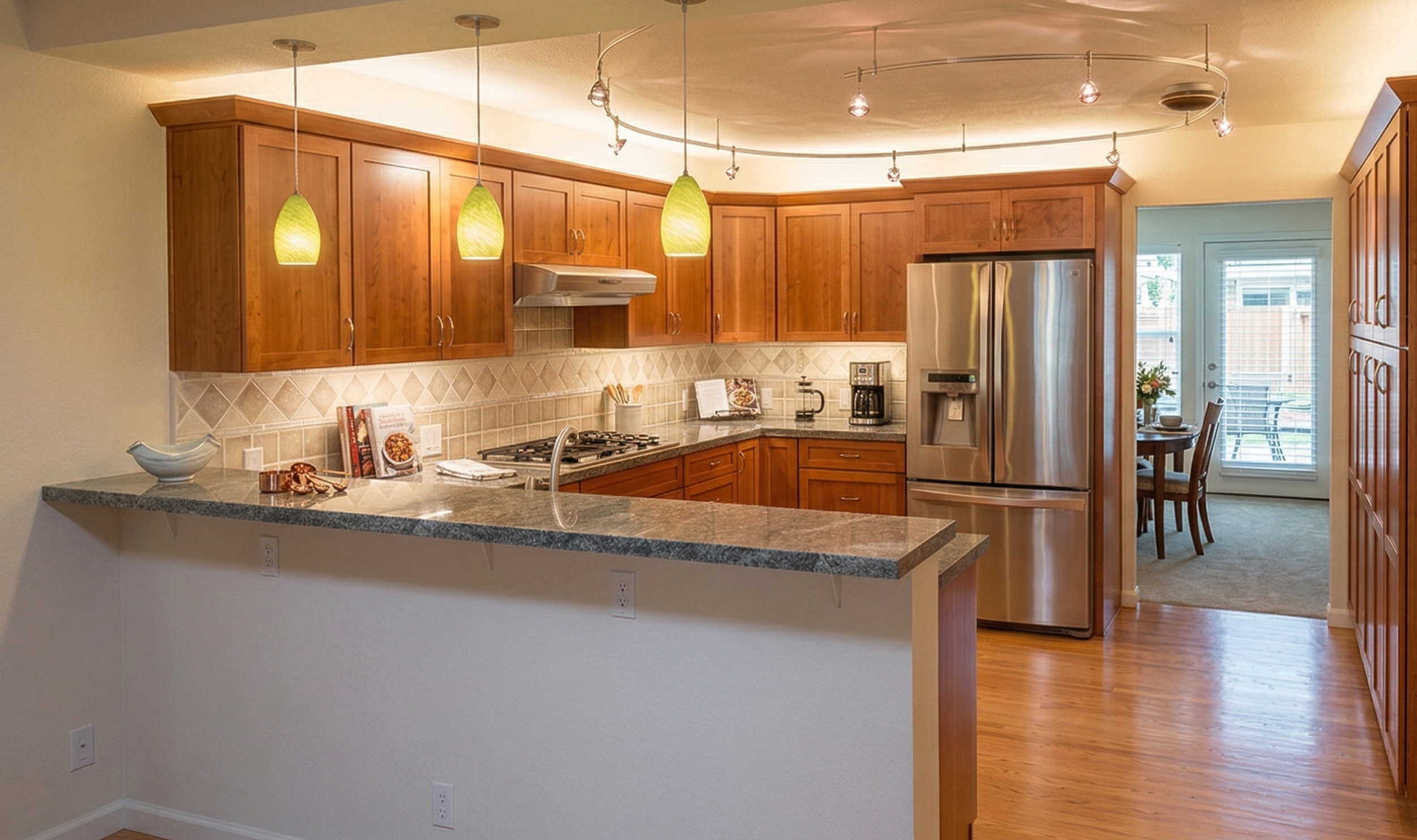 Kitchen with wooden cabinets, granite countertops, stainless steel refrigerator, and a small dining area visible through a sliding glass door.