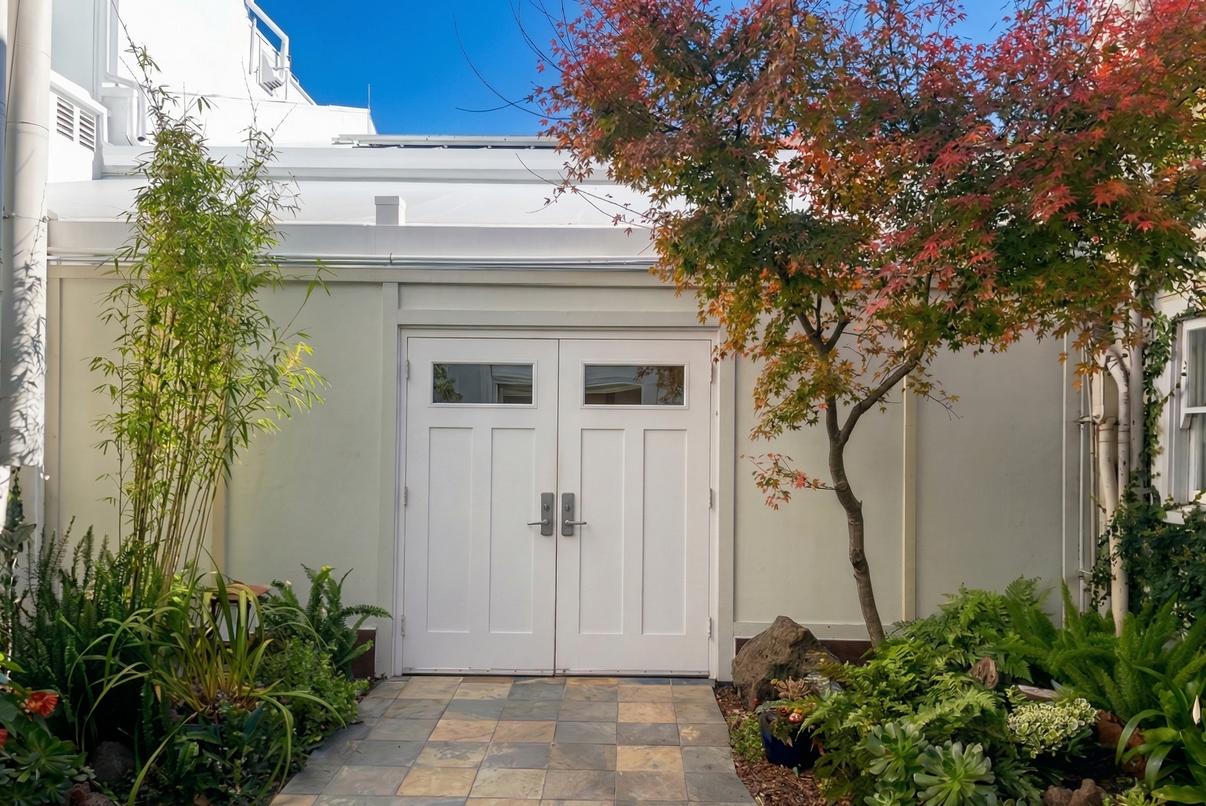 White double door with windows at the top, greenery, and a tree with autumn-colored leaves in a small garden in front of a house.