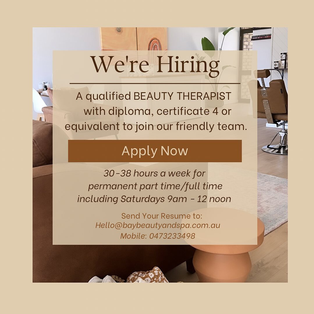 WE&rsquo;RE HIRING 

Looking for a qualified beauty therapist to join our team! Must have a diploma or certificate 4 or equivalent in beauty. 

30-38 hours a week with a full time or permanent part time pay rate. Saturdays will also be required unles