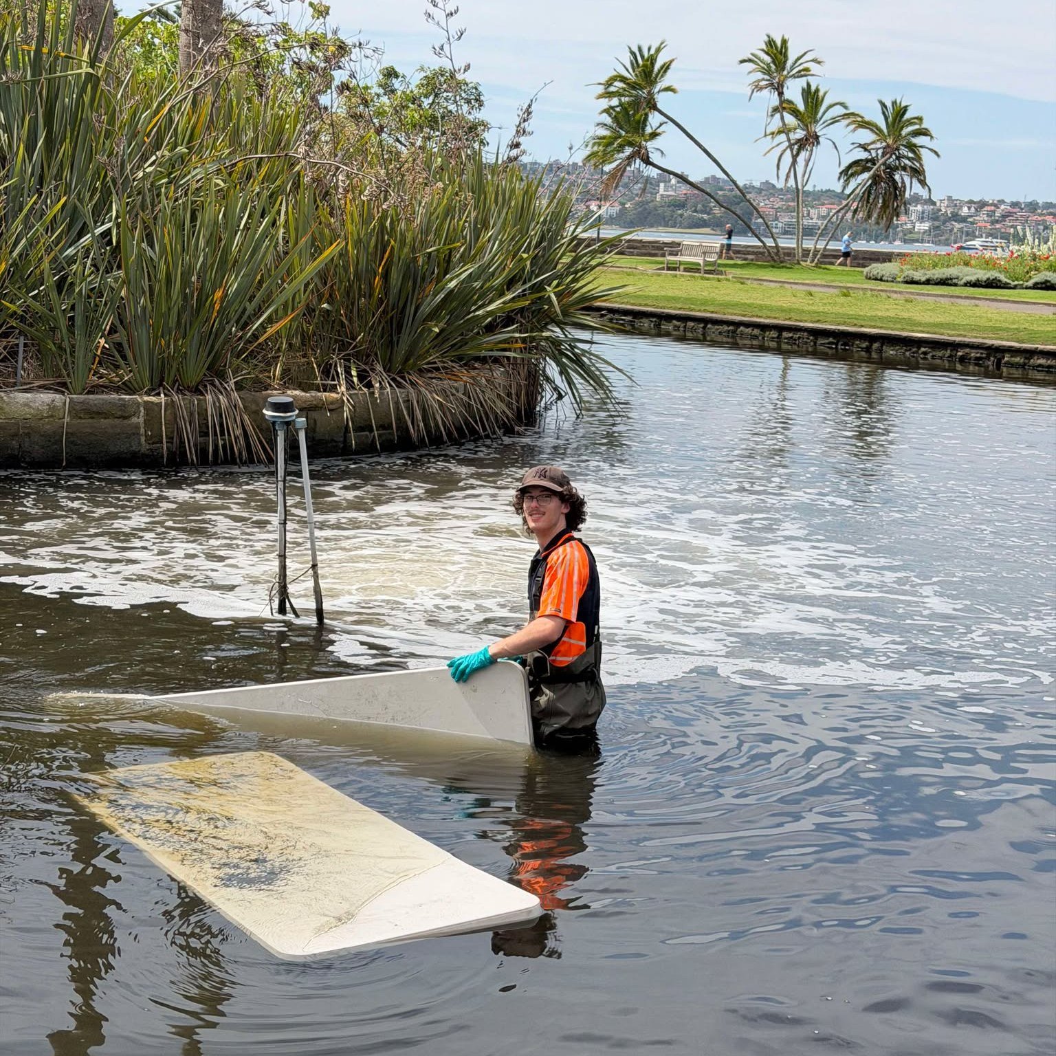 When the call came in from Sydney Botanic Gardens, Ryan got the lucky job &mdash; waders on and straight into the pond! A few unexpected visitors (hello, eels 🐍) joined him while he carried out repairs on the aerator system.
Just another day keeping