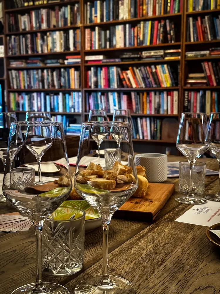 Wine glasses and a cheese platter at the Press Bookhouse Café in Newcastle