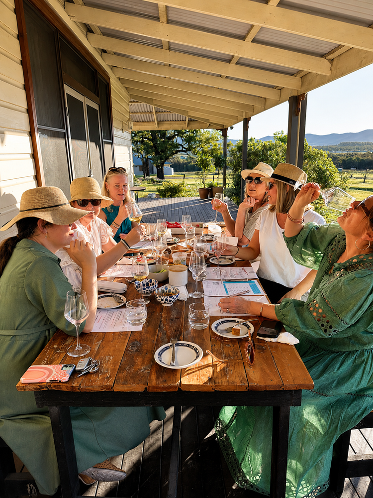 Guests enjoying a wine tasting together on a vineyard verandah