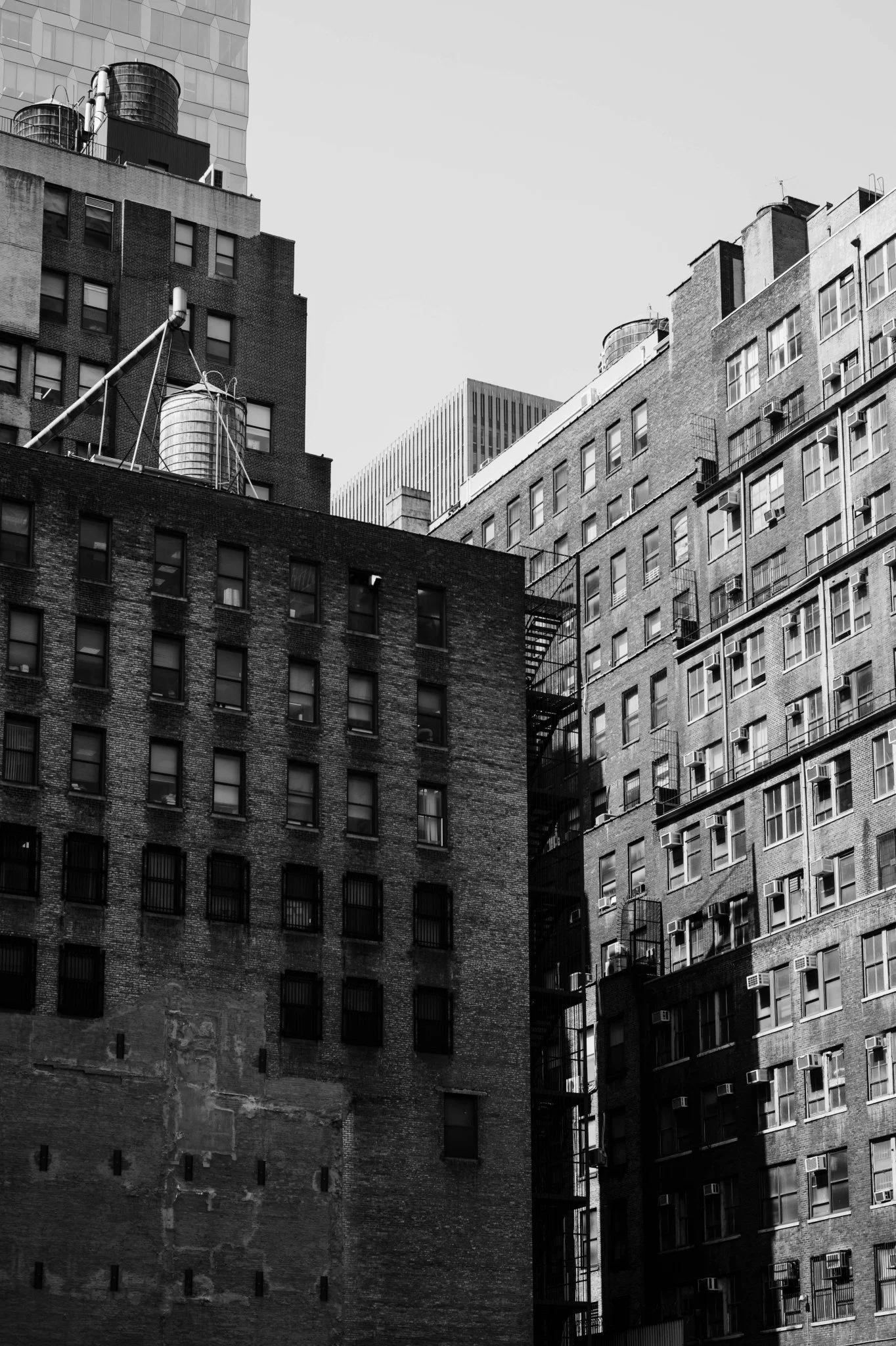 Black and white photo of multiple apartment buildings with fire escapes, water tanks, and windows.