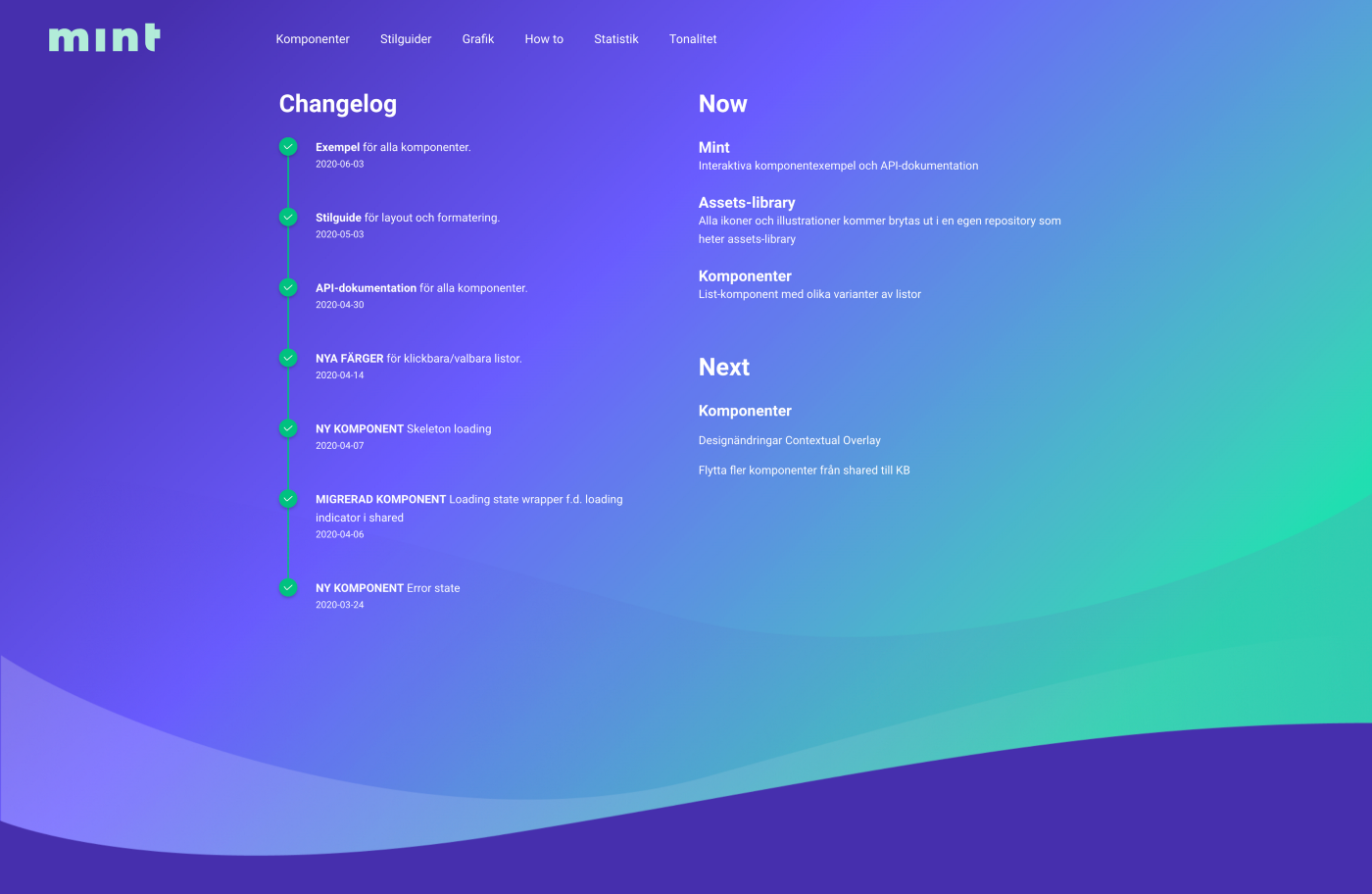 This is MINT, our single source of truth. We have all the documentation here and nowhere else. All the coded components can be found and copied from here. Also all the illustrations, icons, semantic colours etc. You find everything here.
We also hav