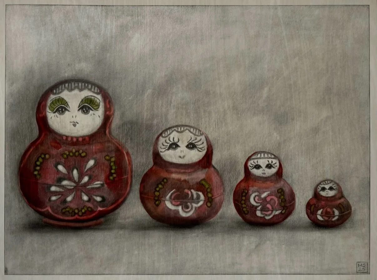&ldquo;Babushka Dolls&rdquo; a lovely little commission I delivered today. The last commission for a little while, as I commence work for something at the end of the year. Watch this space&hellip;
. . .
#hangingart 
#visualart 
#commissionart 
#charc