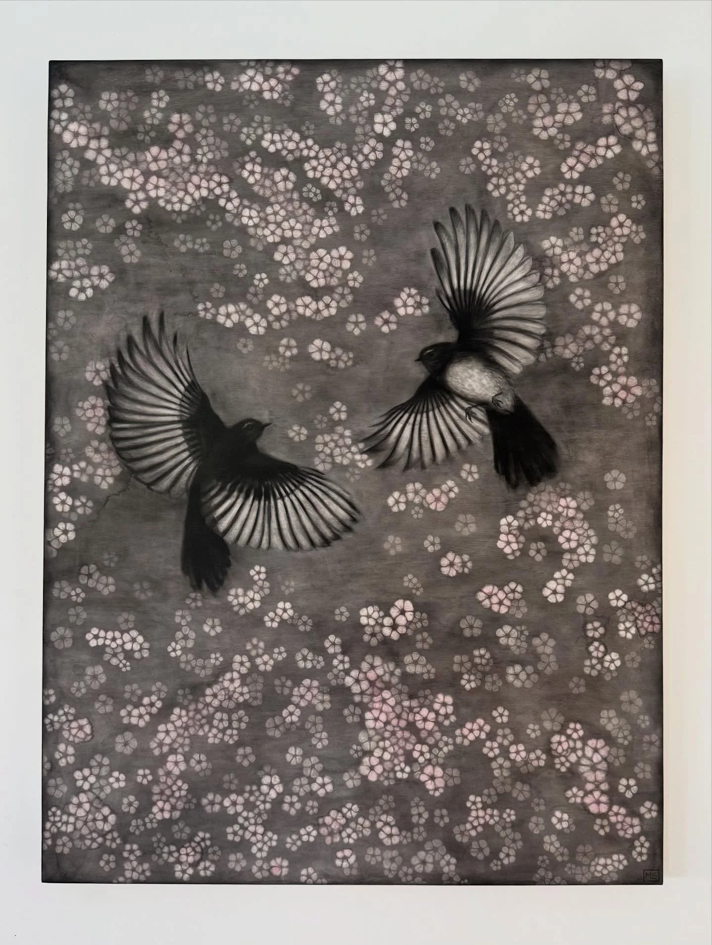 JOY FLIGHT - This work celebrates the quiet poetry of nature, the rhythm of life and the deep connections that sustain us. Willie Wagtails are often found in pairs that stay together for life. They are chatty joyful birds that are very protective and