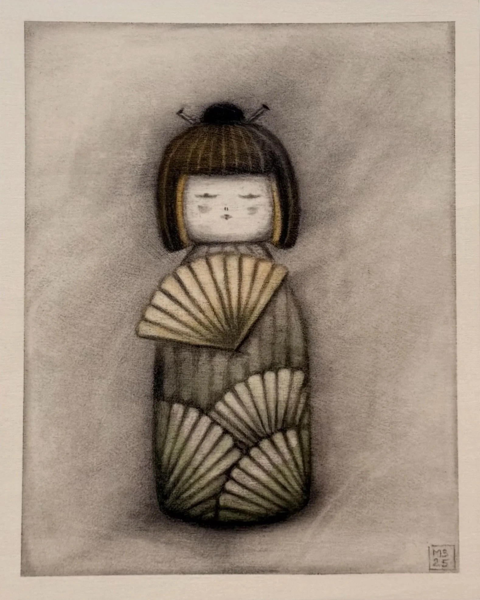 "Jeaniei" 2025 SOLD, Charcoal and Ink on wood panel, 20.3cm x 25.4cm