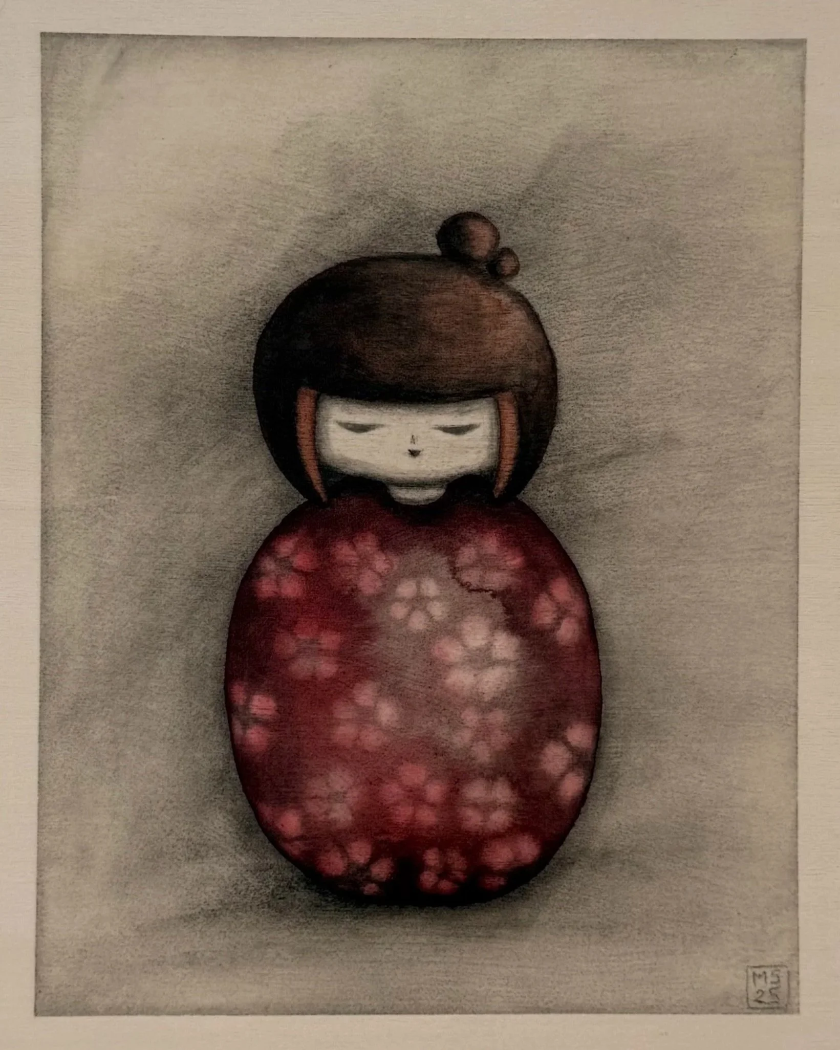"Belle" 2025 SOLD, Charcoal and Ink on wood panel, 20.3cm x 25.4cm